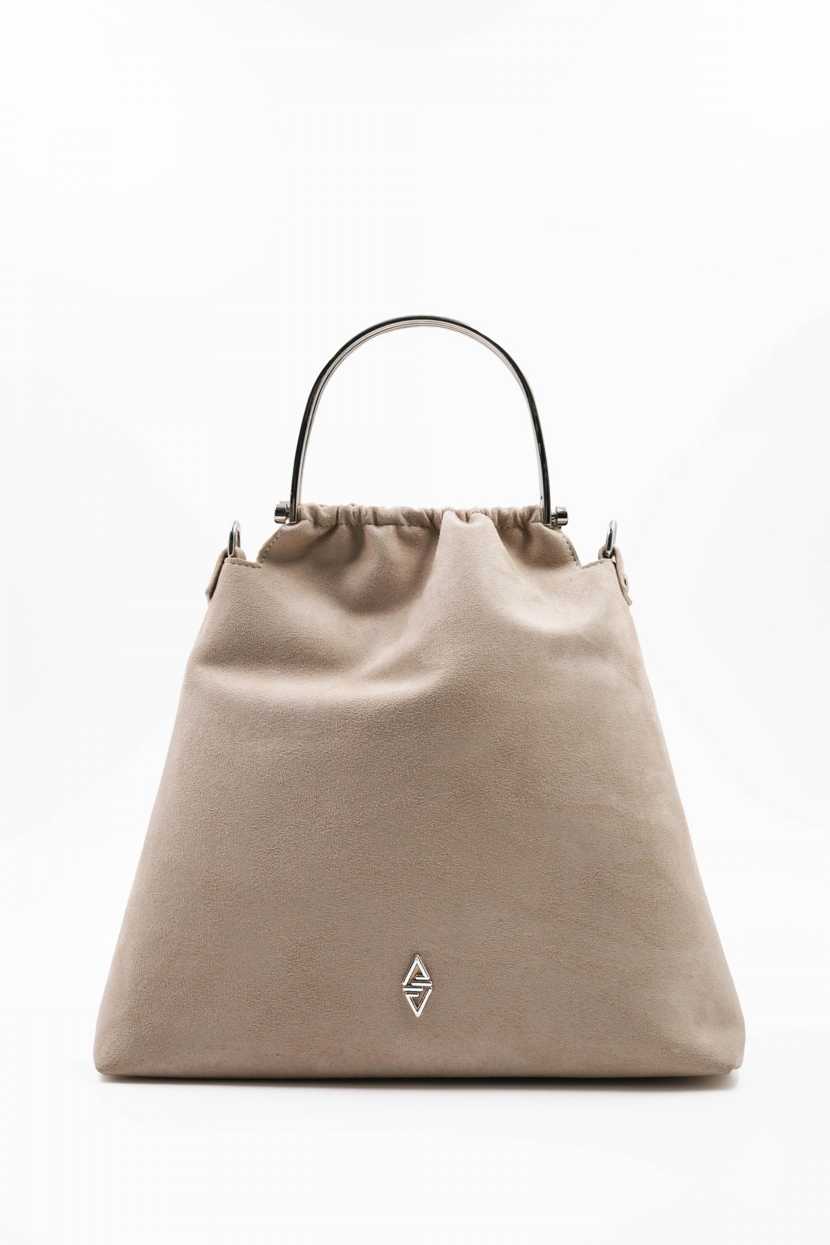 Caren Beige Suede Women's Hand and Shoulder Bag with Silver Accessory Detail