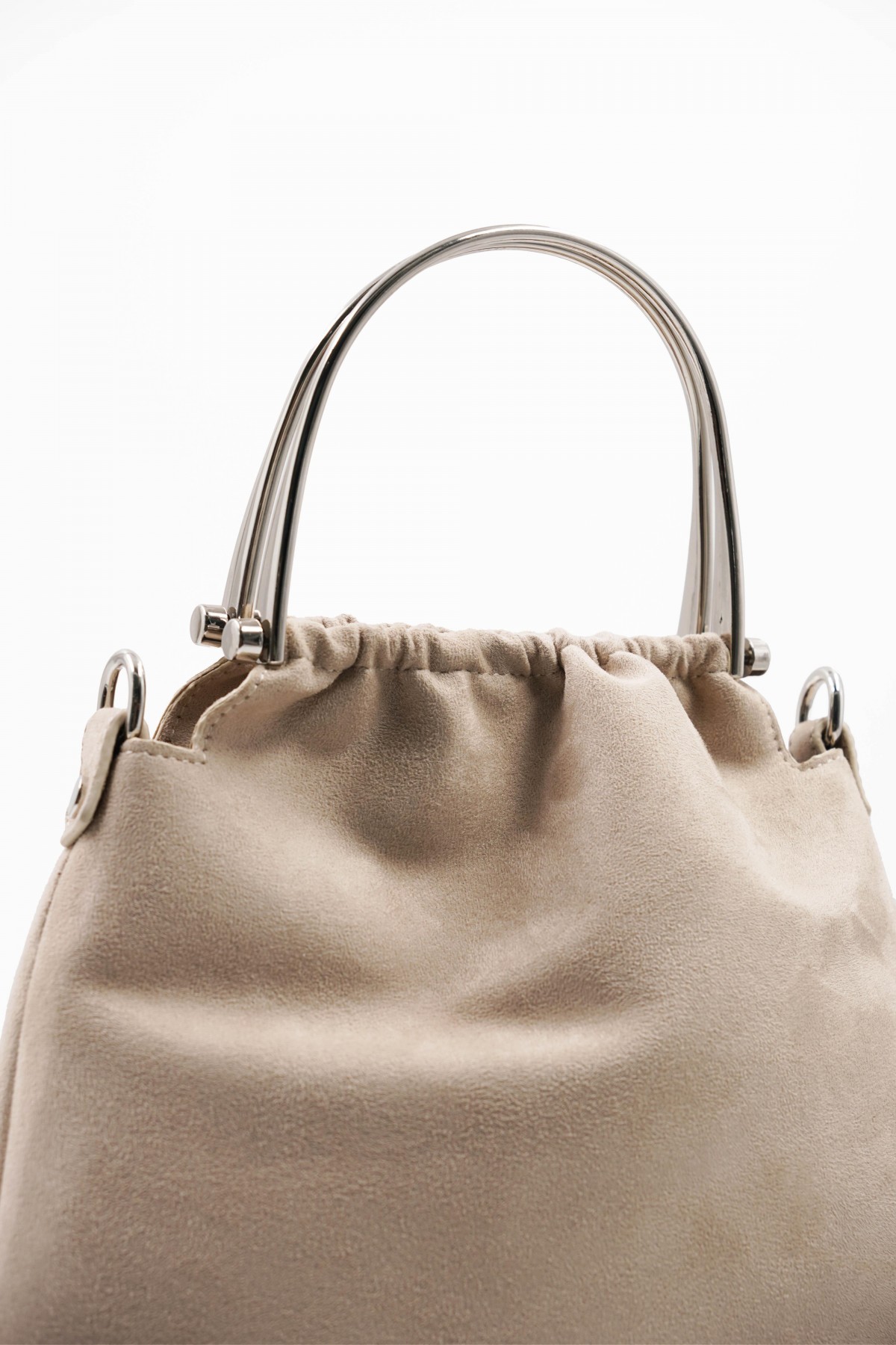 Caren Beige Suede Women's Hand and Shoulder Bag with Silver Accessory Detail