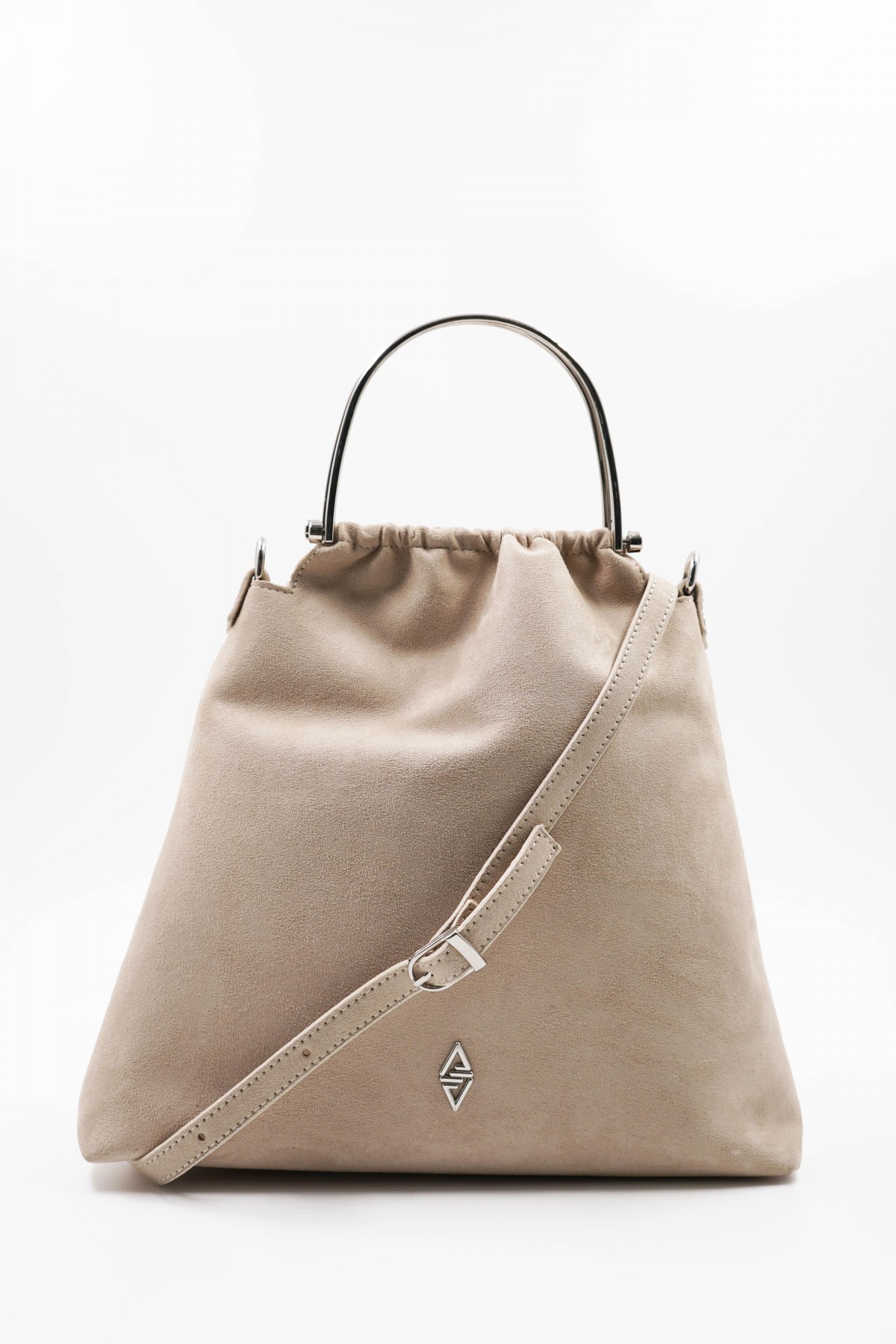 Caren Beige Suede Women's Hand and Shoulder Bag with Silver Accessory Detail