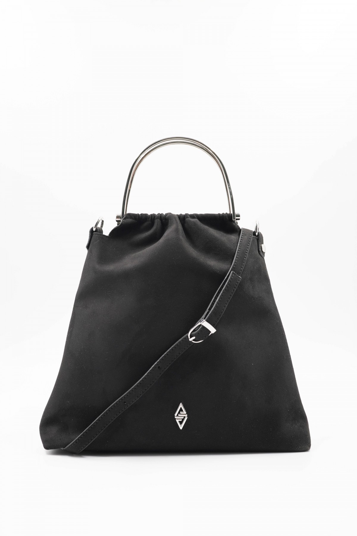 Caren Black Suede Women's Hand and Shoulder Bag with Silver Accessory Detail