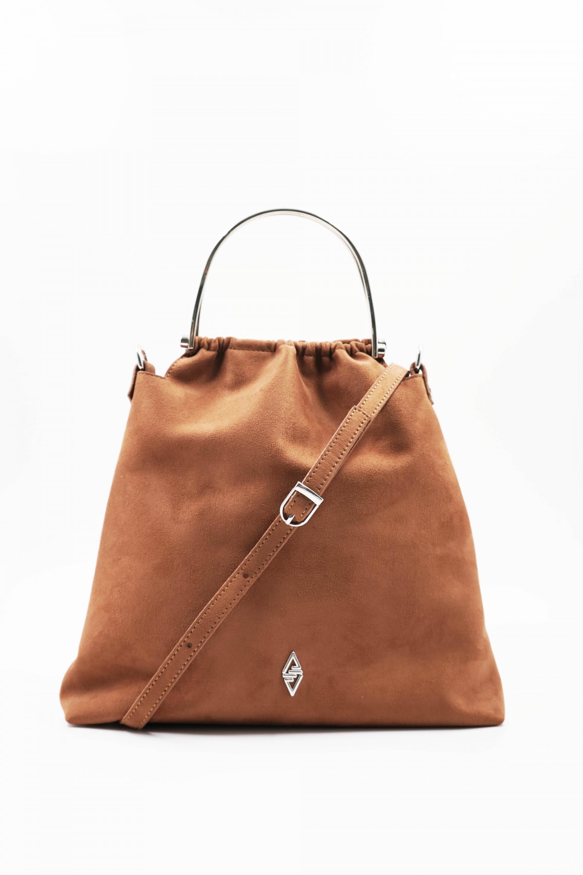 Caren Tan Suede Women's Hand and Shoulder Bag with Silver Accessory Detail