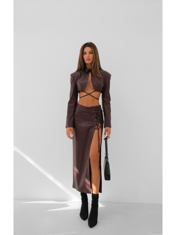 Tie Detail Midi Length Leather Skirt 23W02035