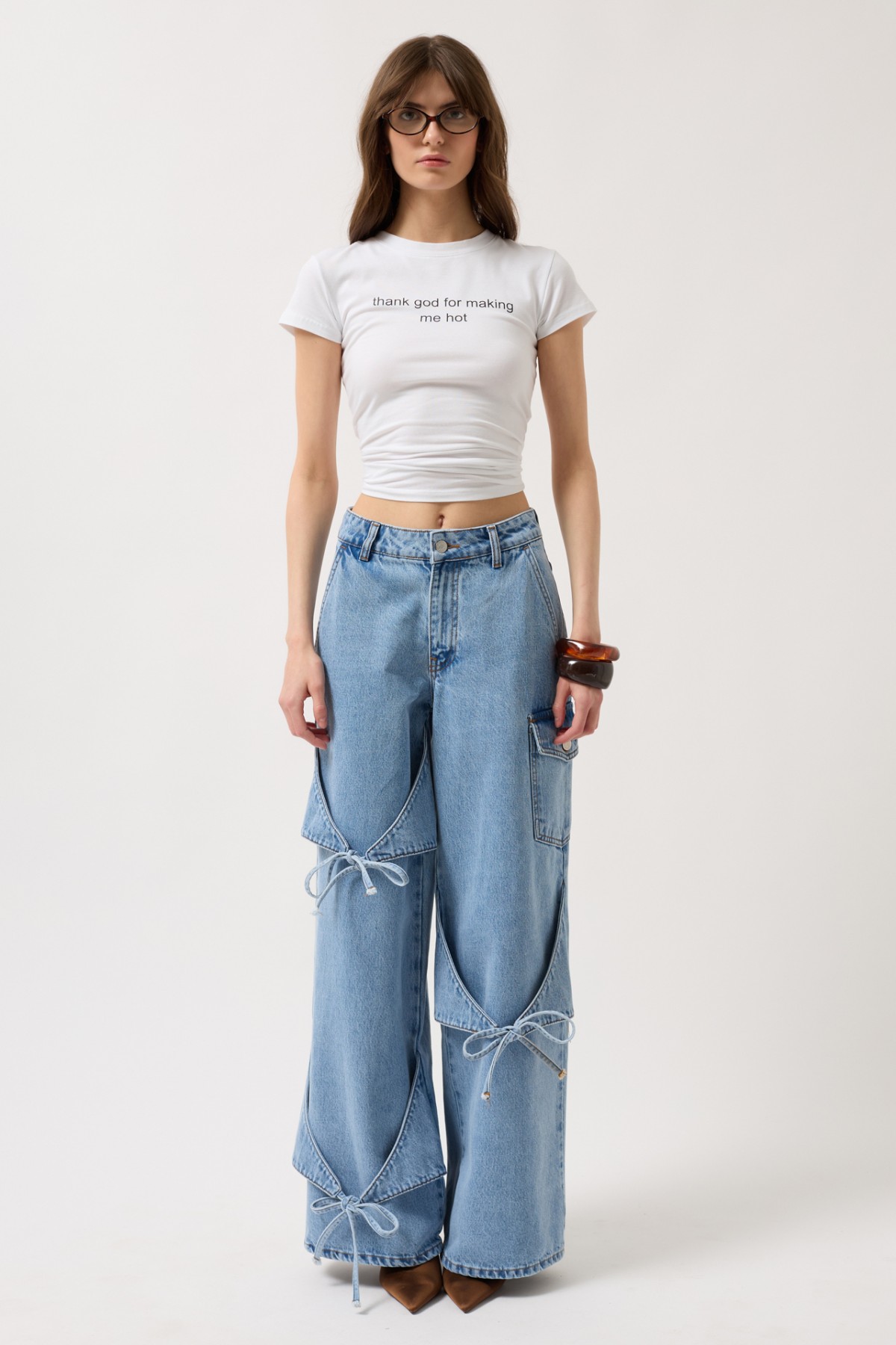 Ribbon Detail Cargo Pocket Wide Leg Jeans 52205016