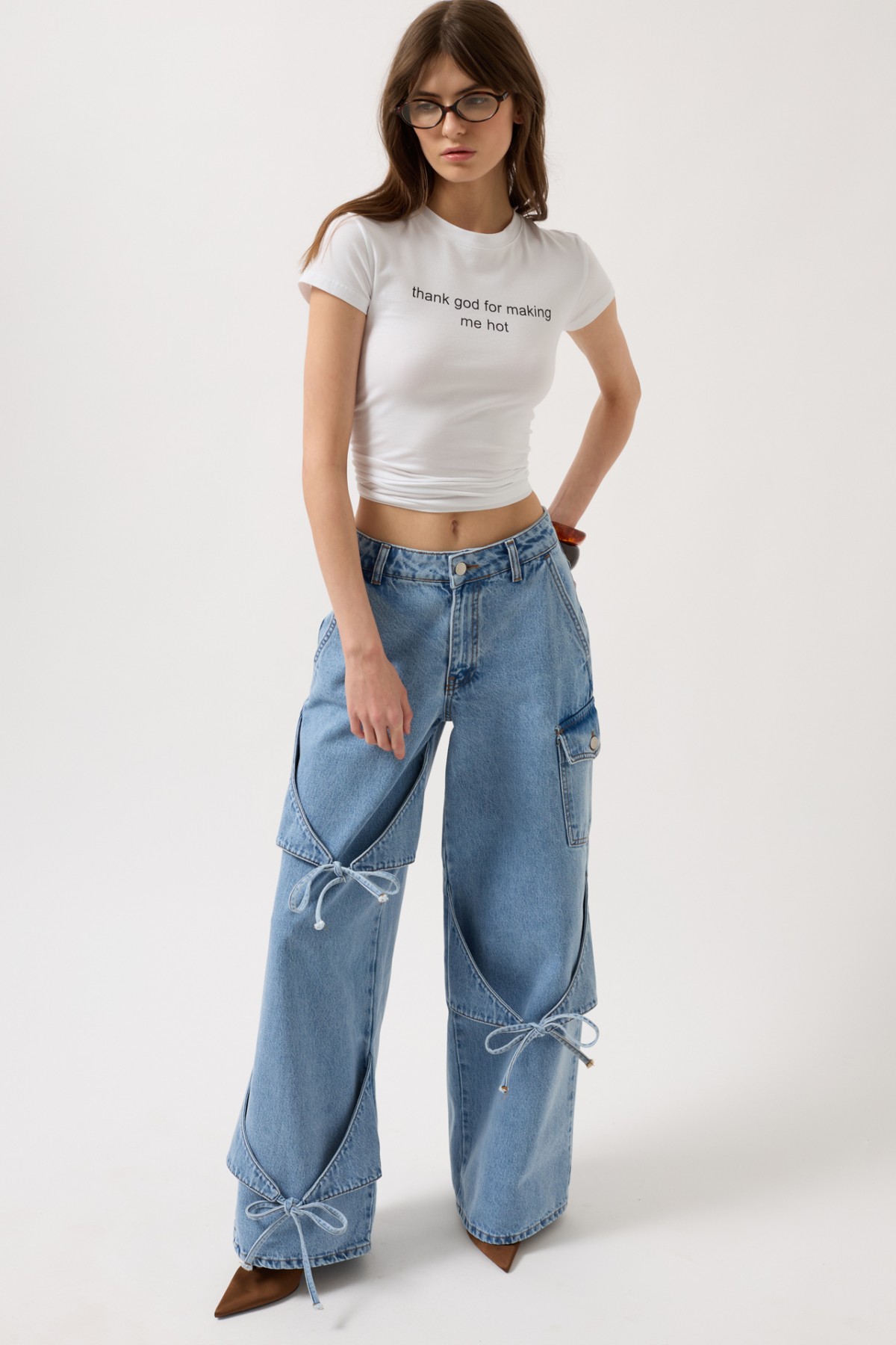 Ribbon Detail Cargo Pocket Wide Leg Jeans 52205016