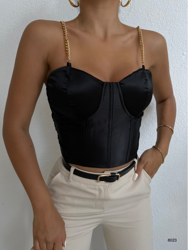 Chain Strap Underwire Satin Blouse 8023