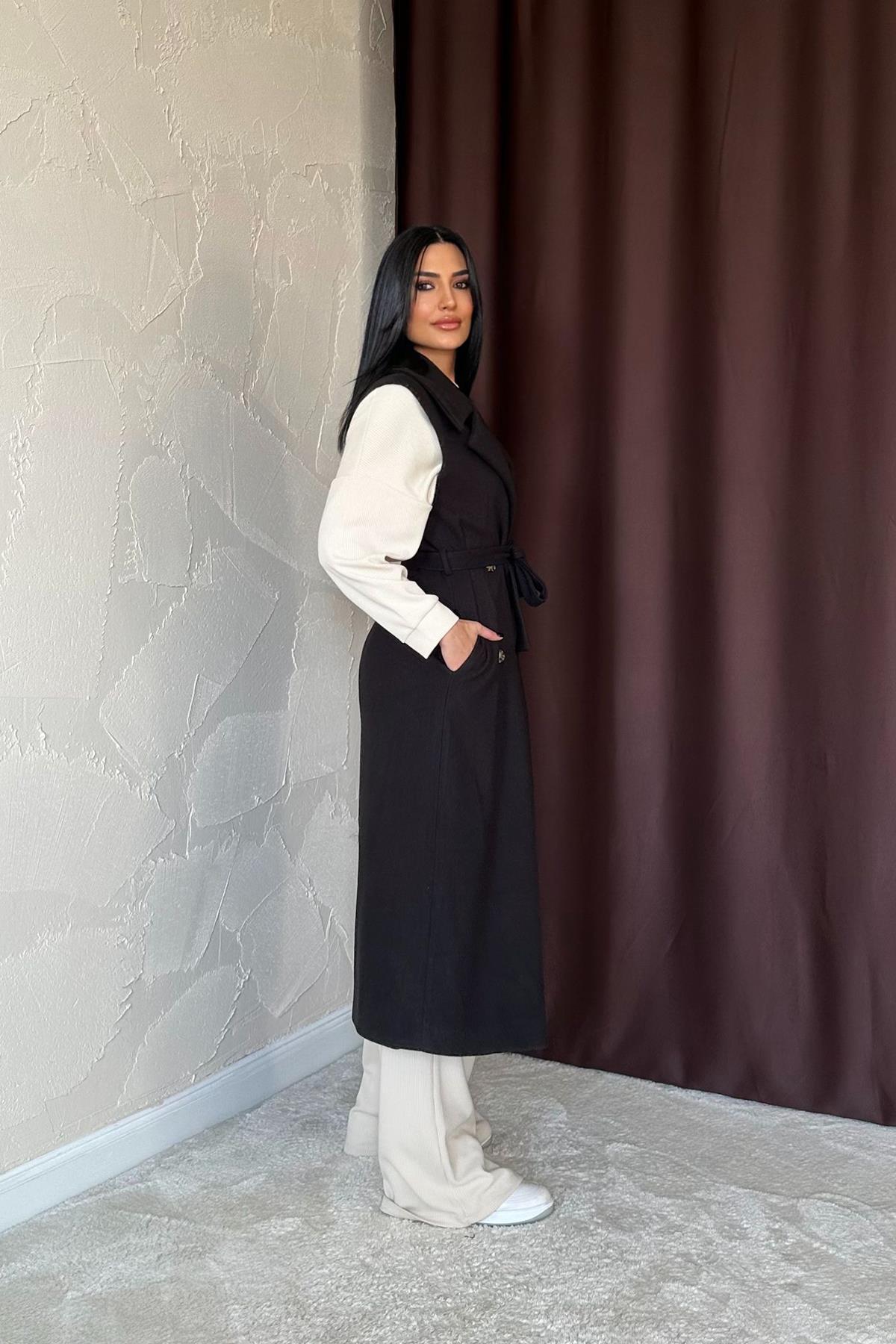 Toptan Siyah Kolsuz Kaşe Kadın Kaban Siyah