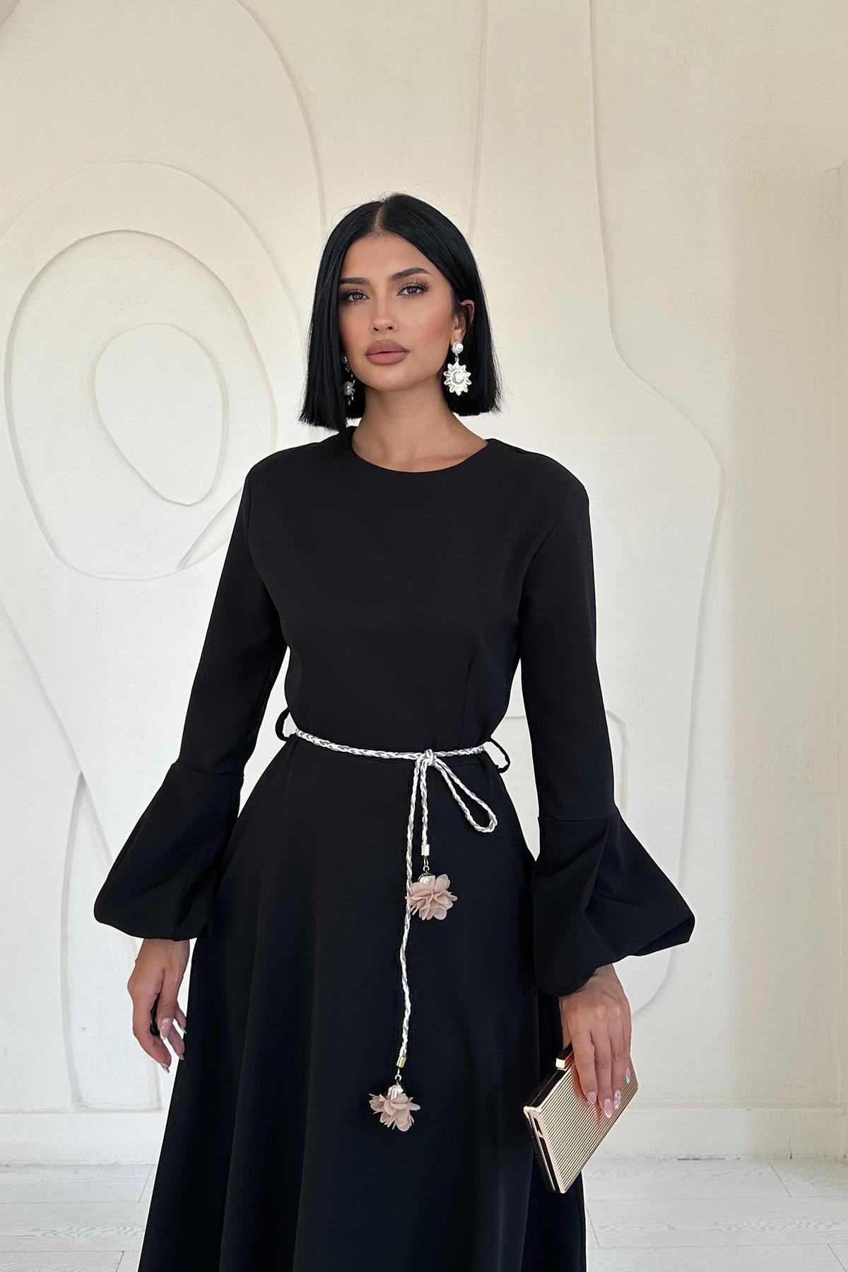 Wholesale Black Balloon Sleeve Belted Dress Black