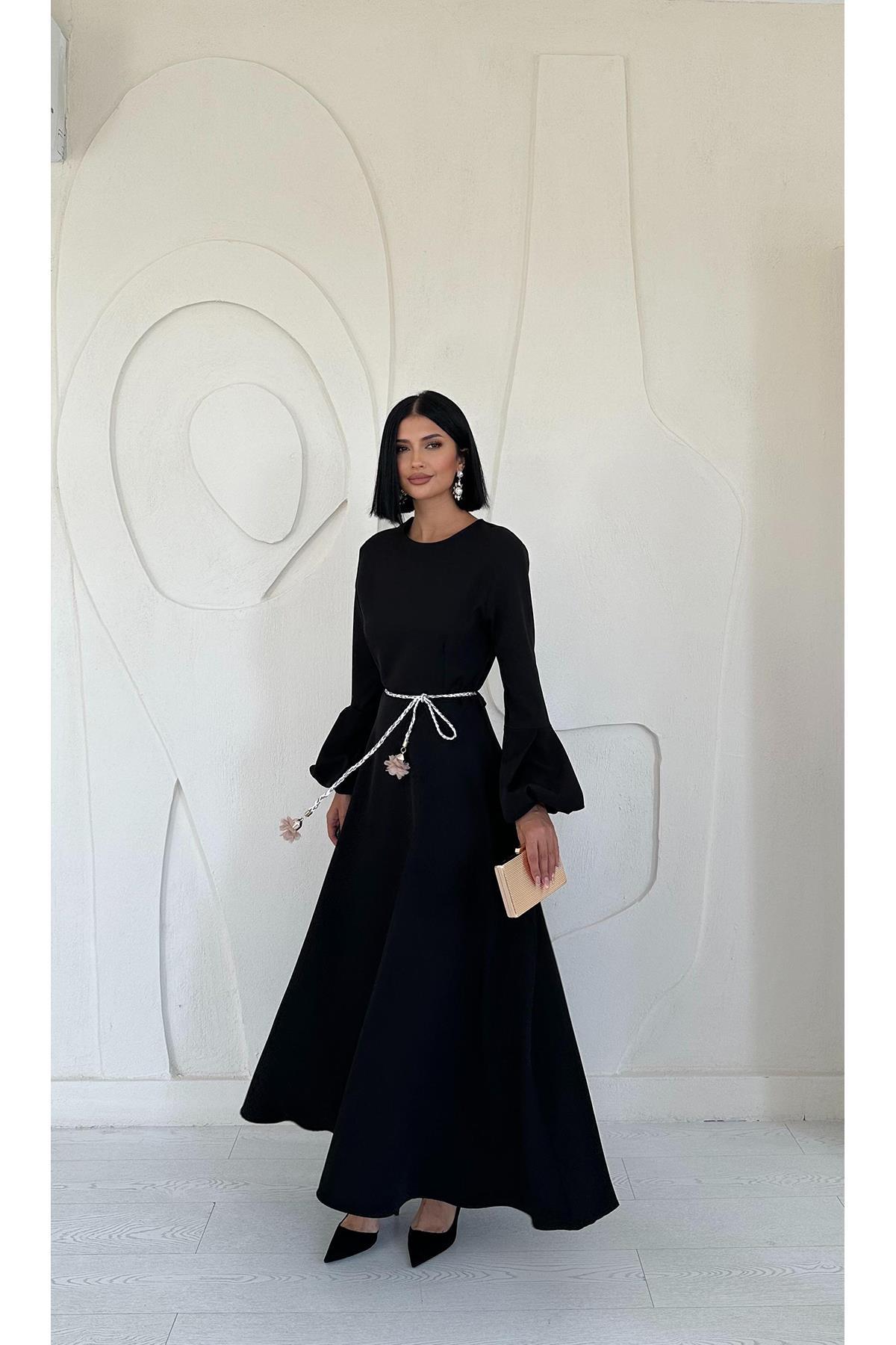 Wholesale Black Balloon Sleeve Belted Dress Black