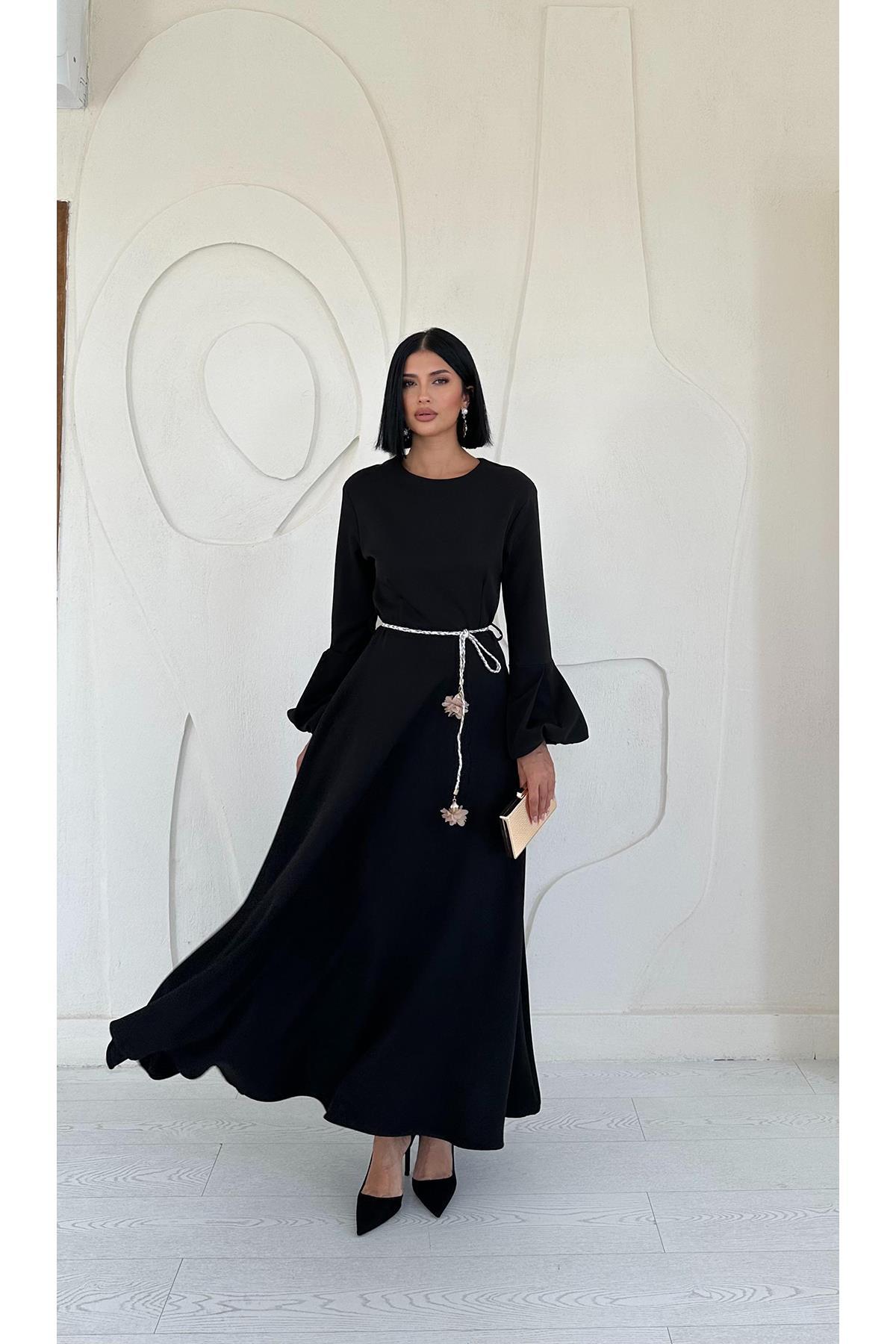 Wholesale Black Balloon Sleeve Belted Dress Black