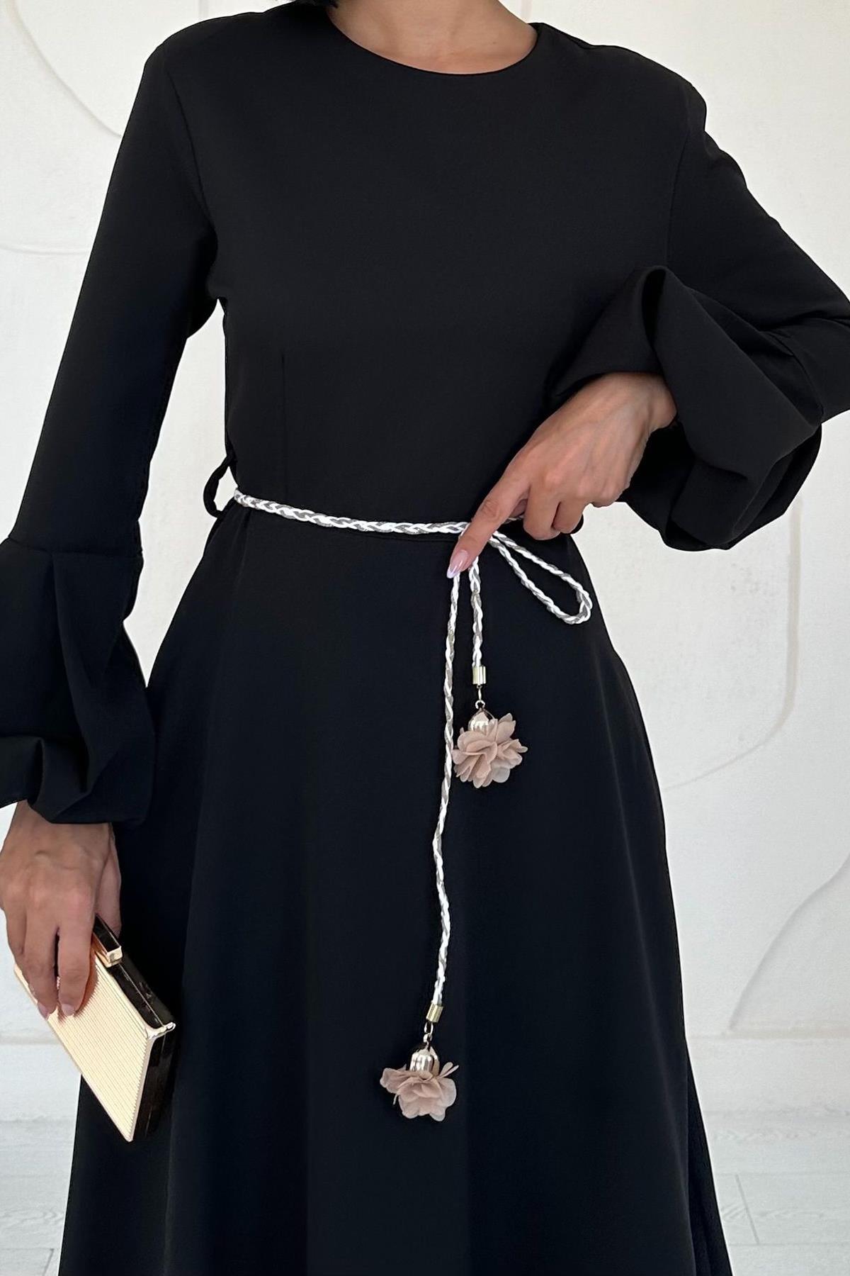 Wholesale Black Balloon Sleeve Belted Dress Black
