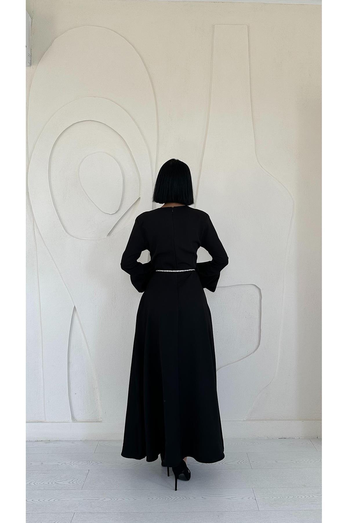 Wholesale Black Balloon Sleeve Belted Dress Black