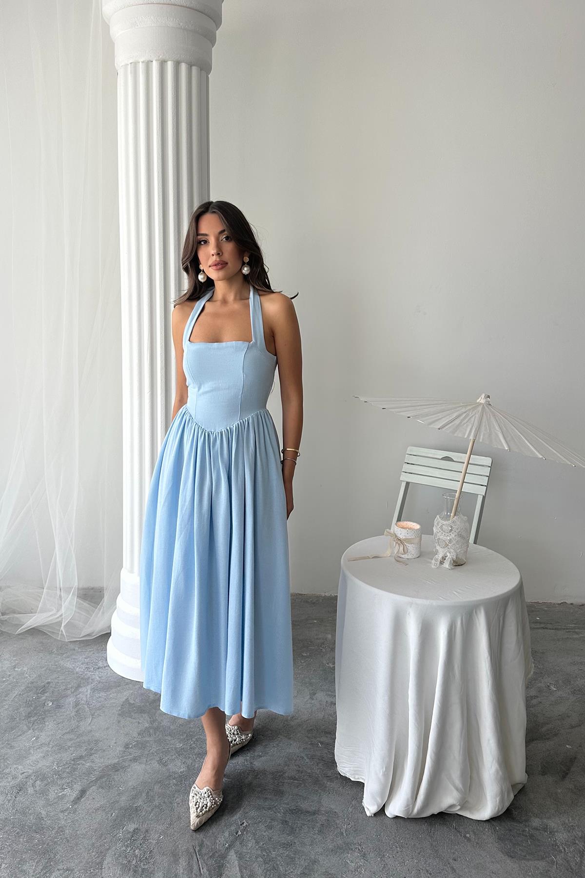 Wholesale Blue Halter Neck Linen Dress Blue