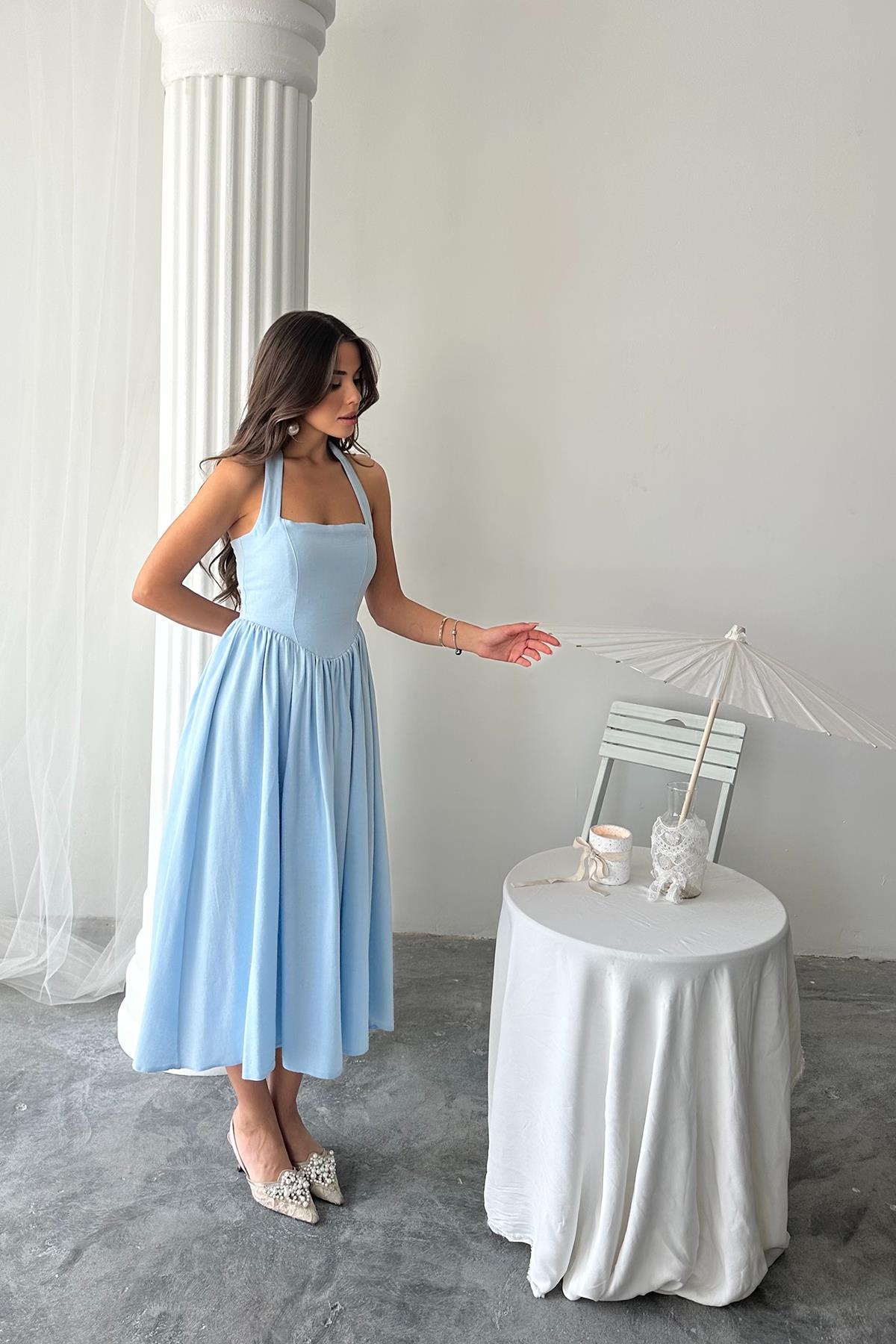 Wholesale Blue Halter Neck Linen Dress Blue