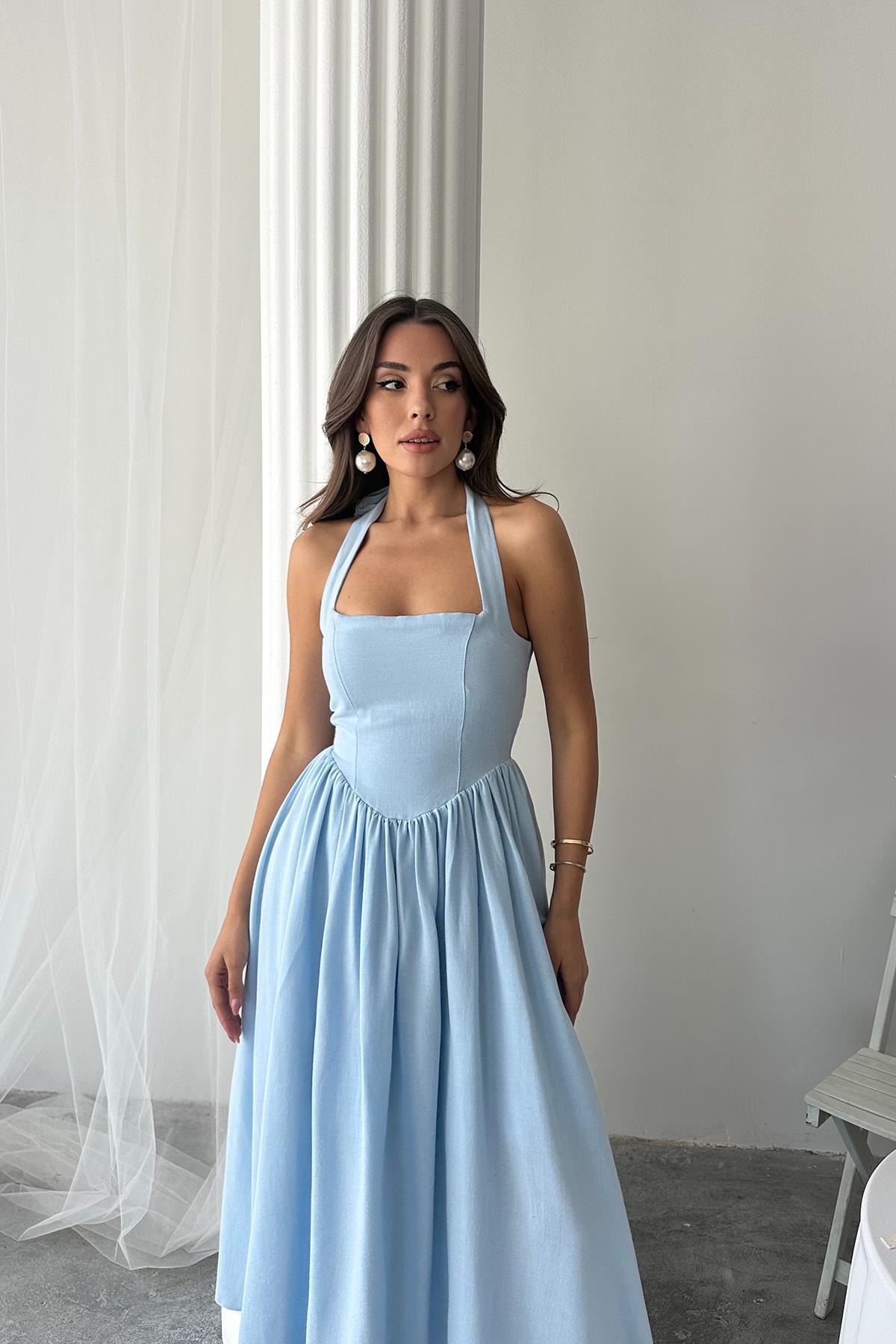 Wholesale Blue Halter Neck Linen Dress Blue