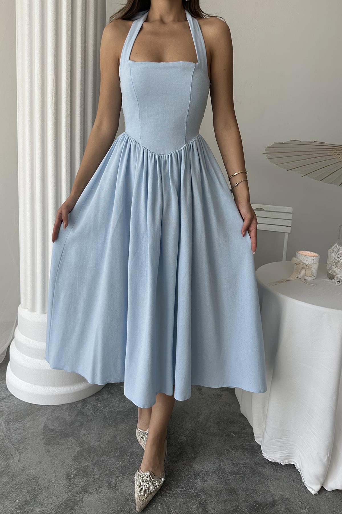 Wholesale Blue Halter Neck Linen Dress Blue