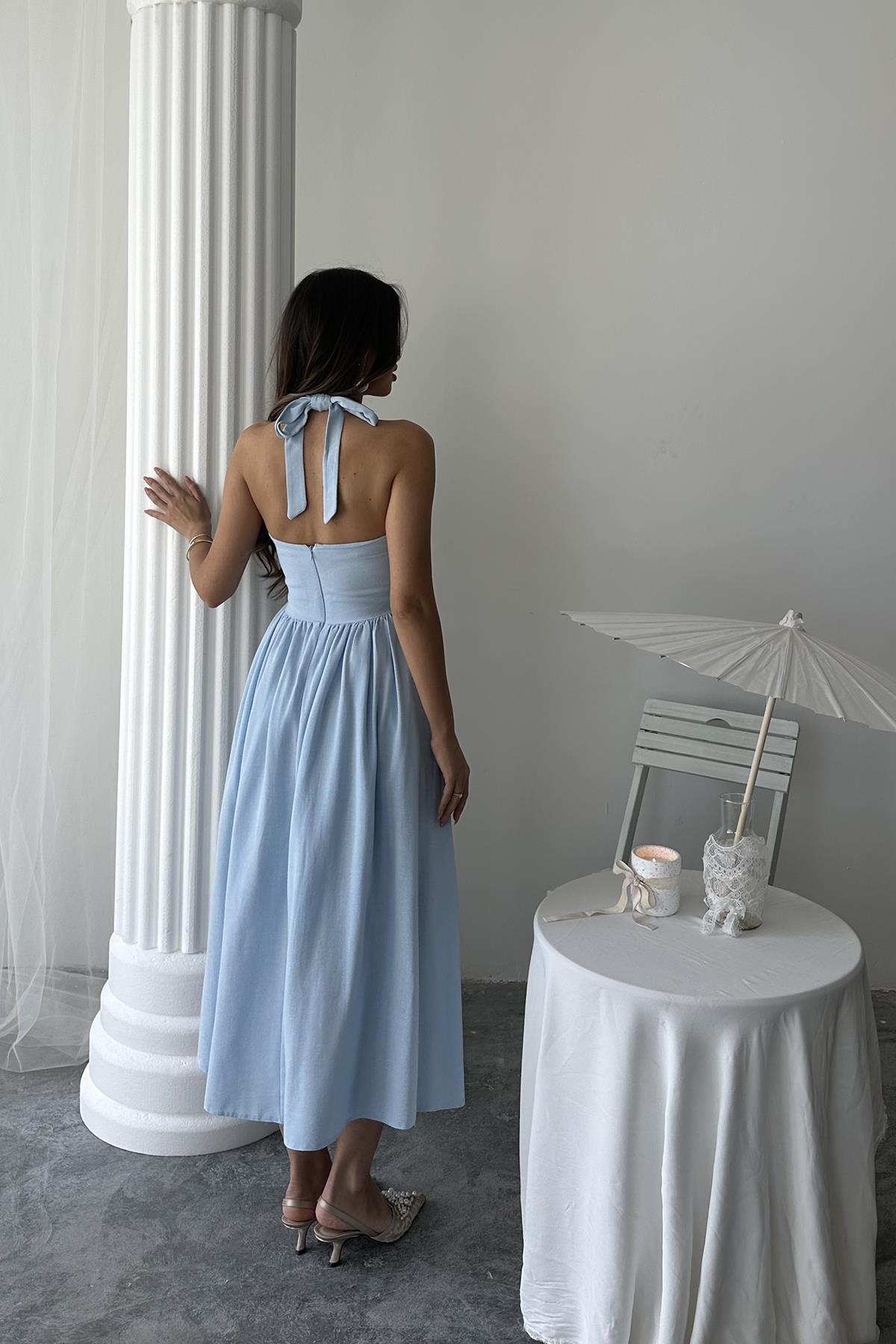 Wholesale Blue Halter Neck Linen Dress Blue