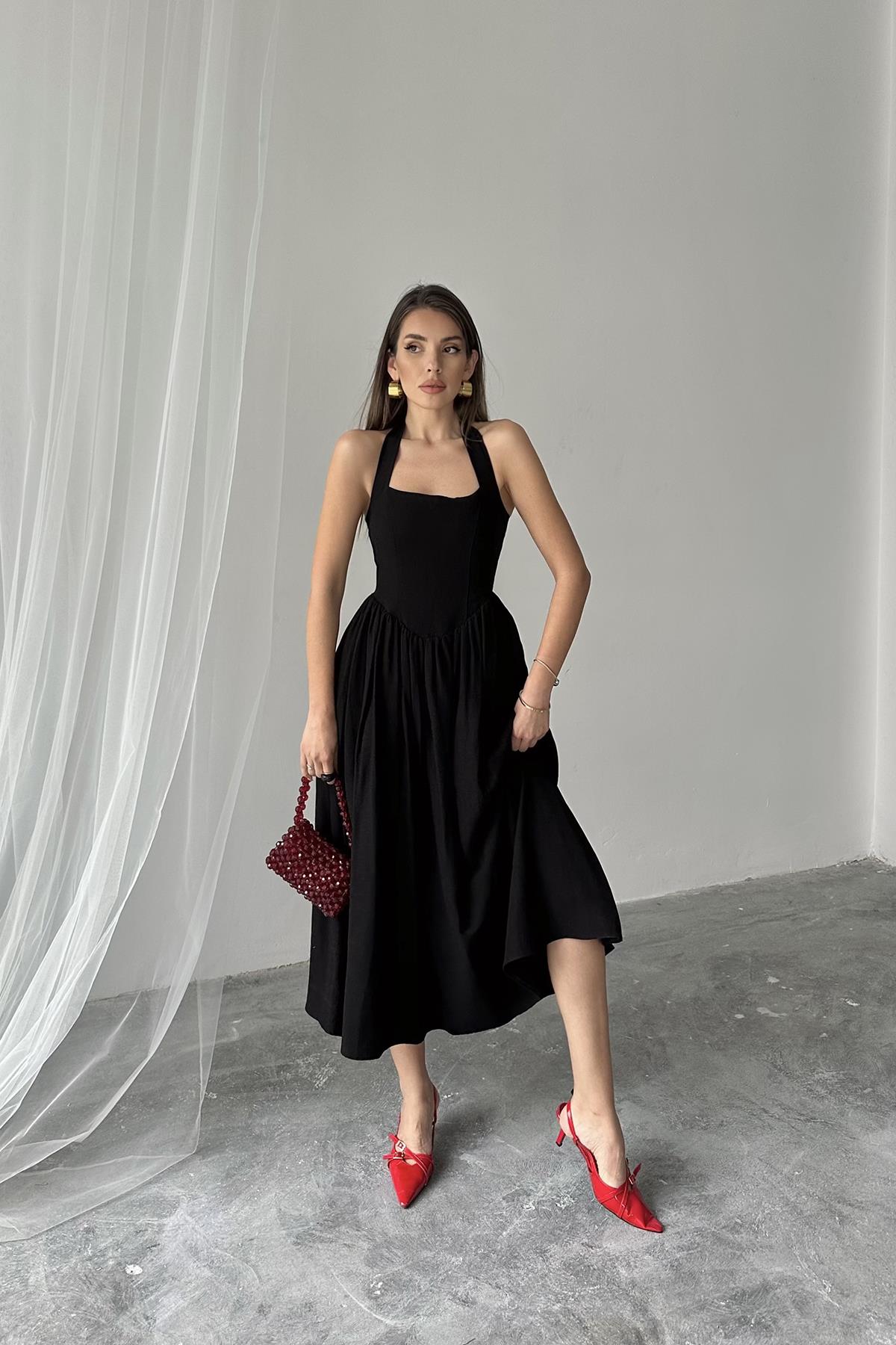 Toptan Siyah Boyundan Bağlamalı Keten Elbise Siyah