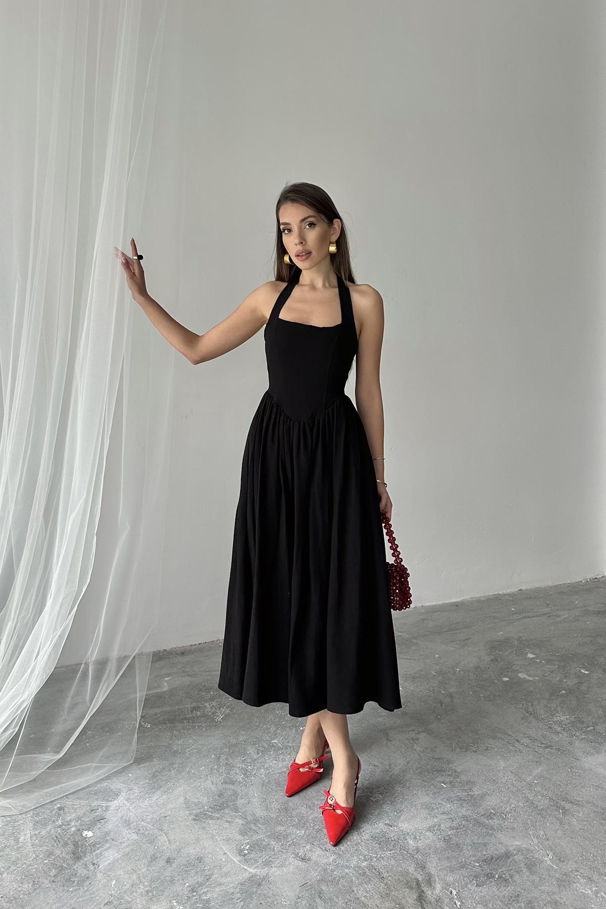 Toptan Siyah Boyundan Bağlamalı Keten Elbise Siyah