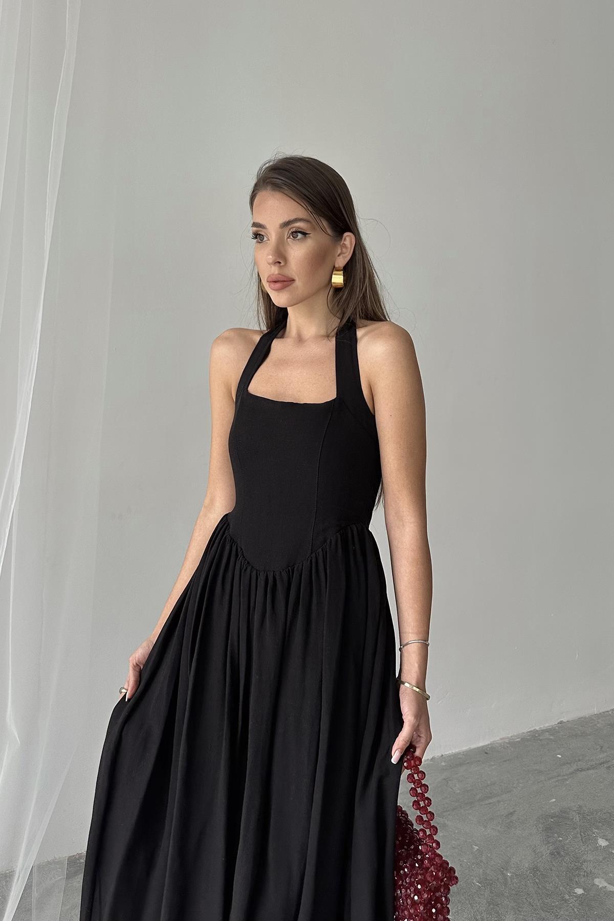 Toptan Siyah Boyundan Bağlamalı Keten Elbise Siyah