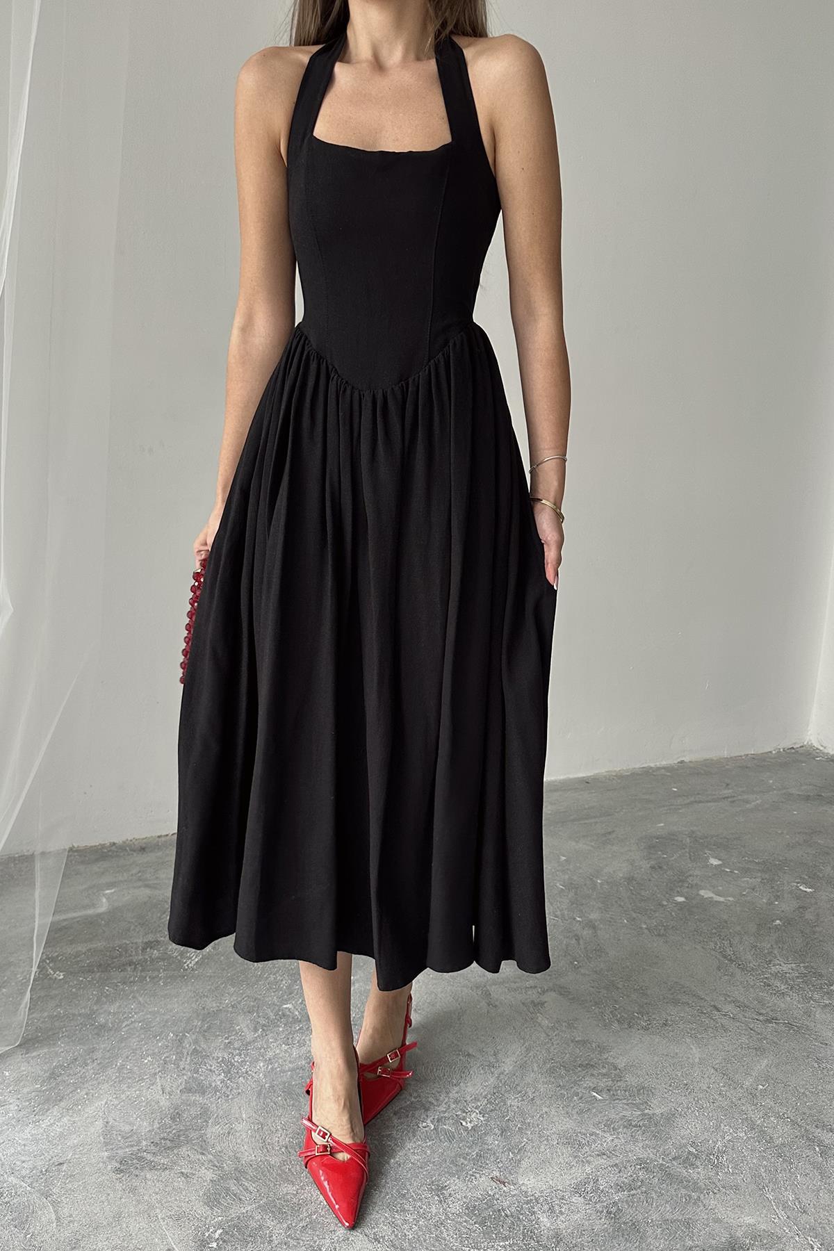 Toptan Siyah Boyundan Bağlamalı Keten Elbise Siyah