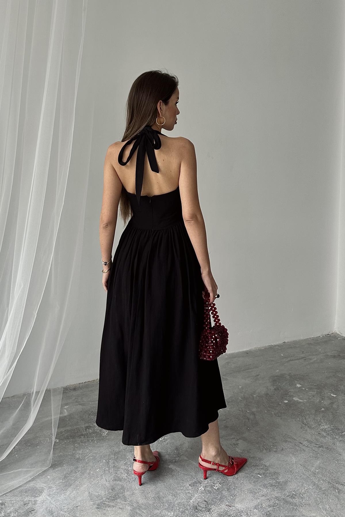 Toptan Siyah Boyundan Bağlamalı Keten Elbise Siyah