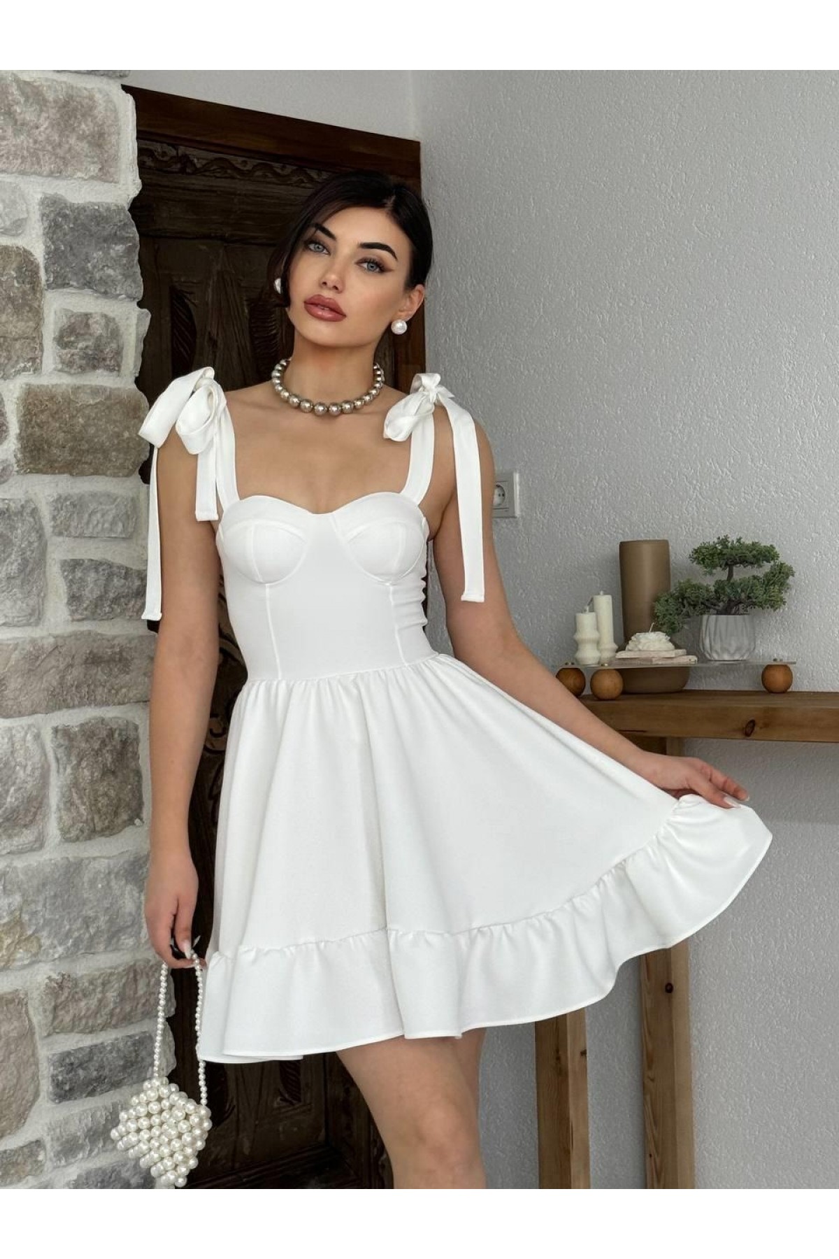 İP ASKILI BAĞLAMALI ATLAS ELBİSE ETK-00034-beyaz