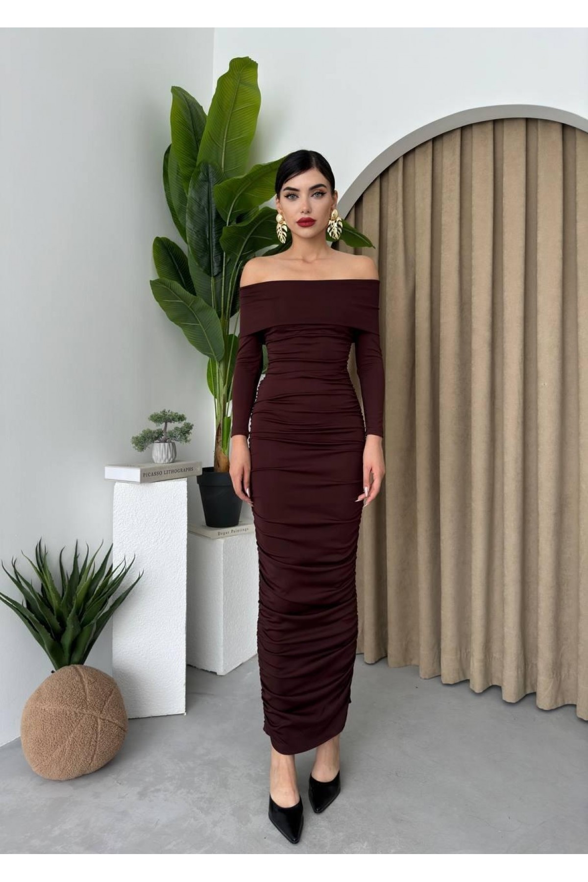 Dakota Drapeli Elbise ETK-00102-kahve