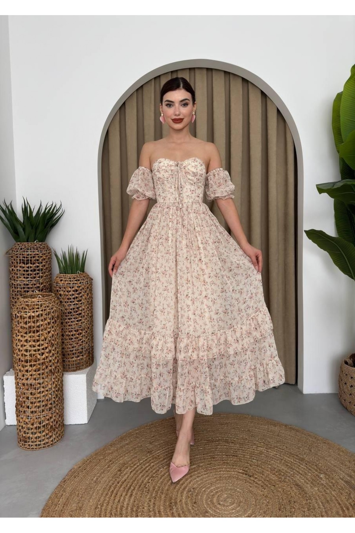 Della Beli Lastikli Elbise ETK-00387-bej