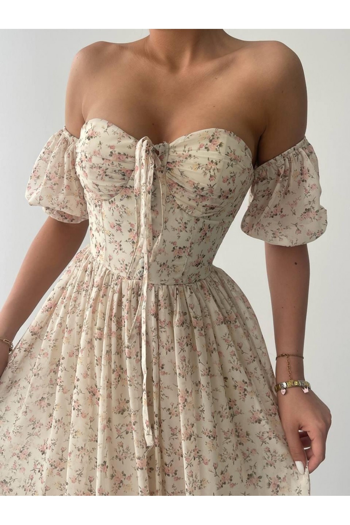 Della Beli Lastikli Elbise ETK-00387-bej