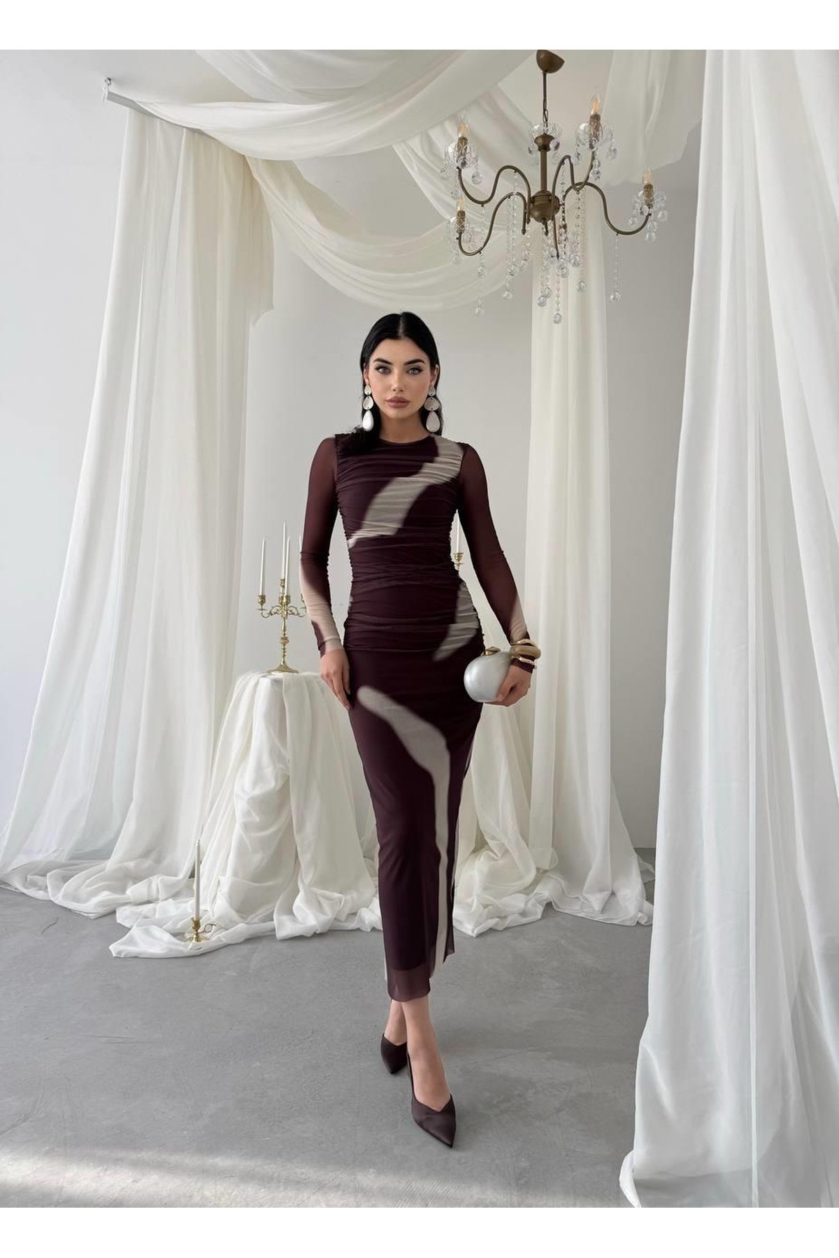 Troyes Geçiş Desenli Elbise ETK-00479-kahve