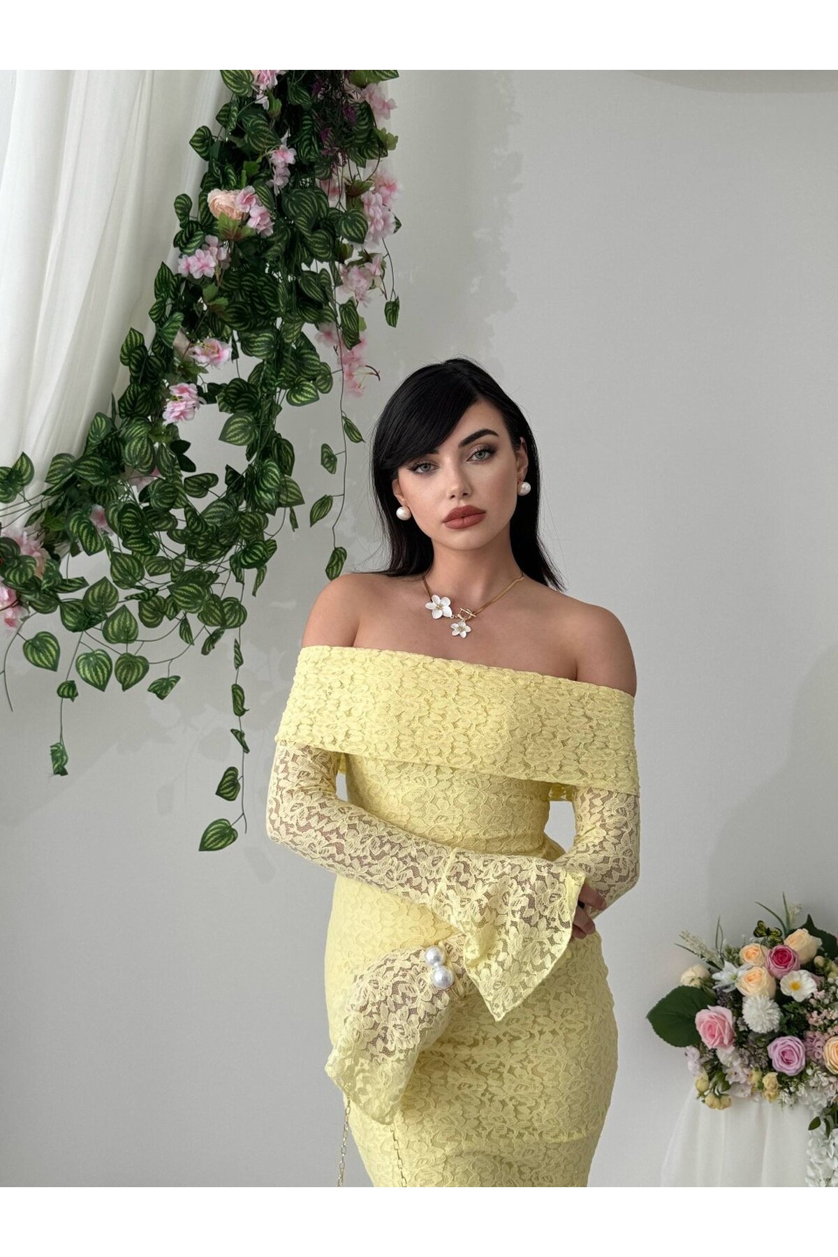 Arya Straplez Dantel Elbise ETK-00523-sari