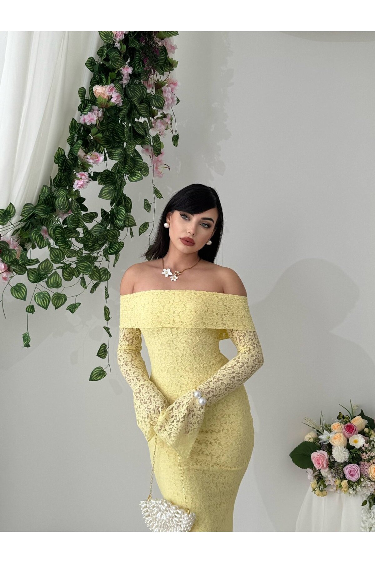 Arya Straplez Dantel Elbise ETK-00523-sari