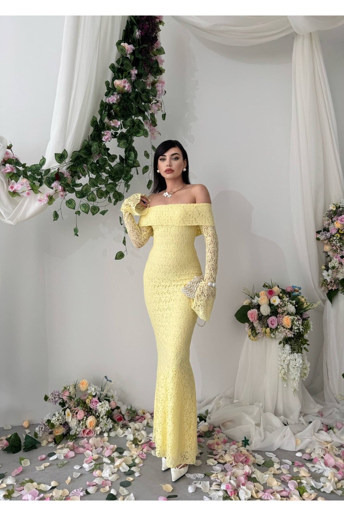 Arya Straplez Dantel Elbise ETK-00523-sari