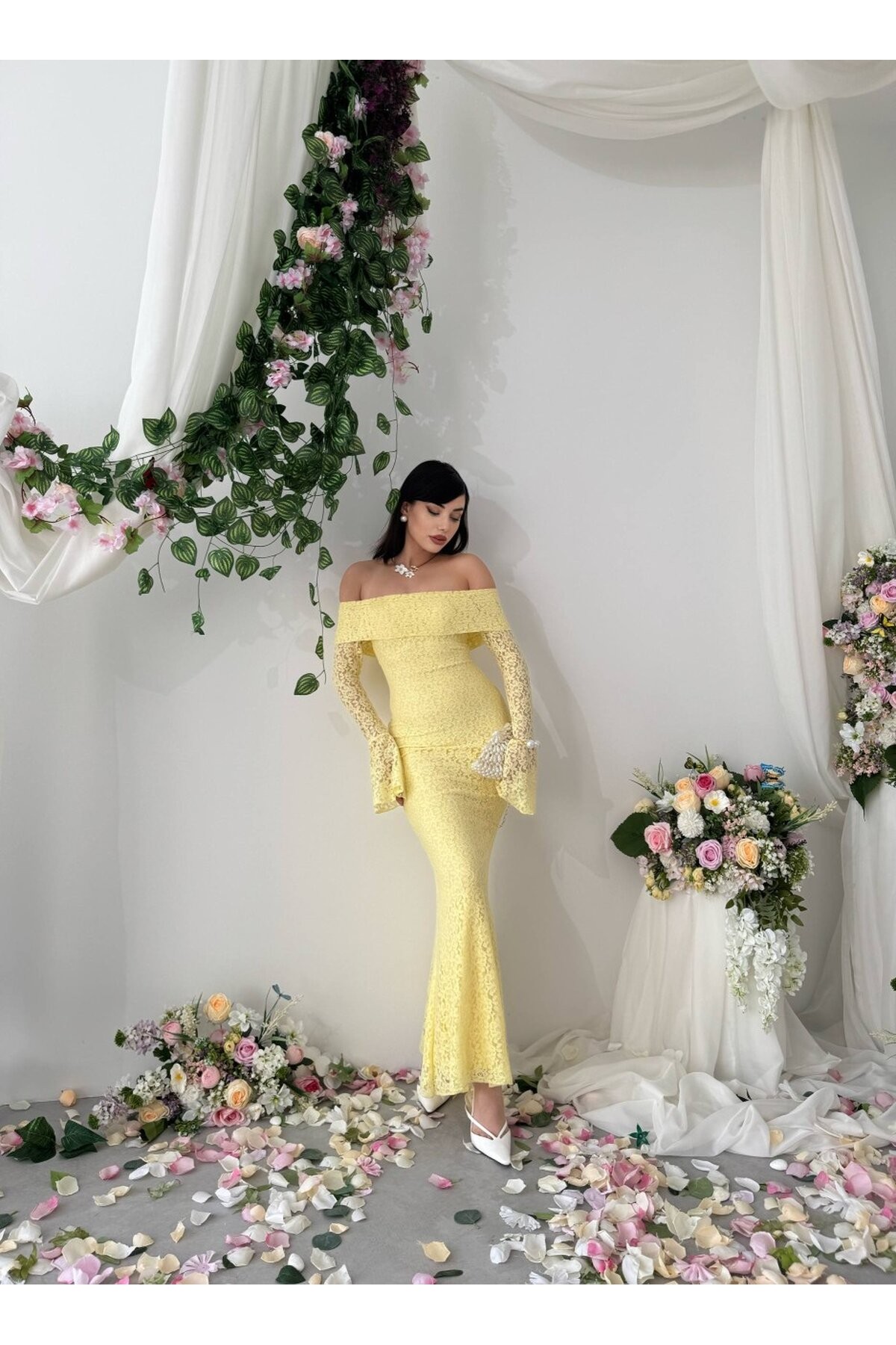 Arya Straplez Dantel Elbise ETK-00523-sari