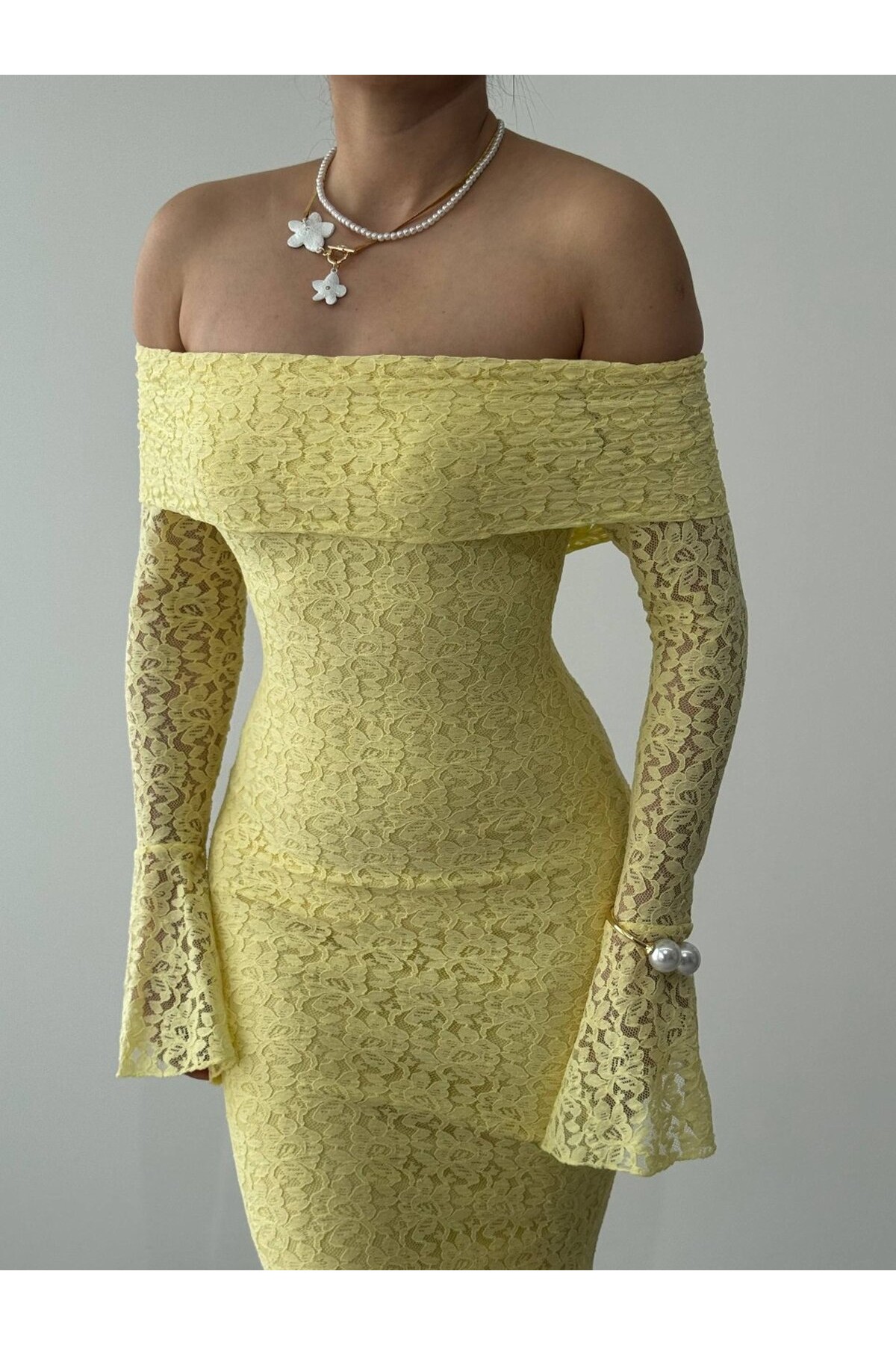 Arya Straplez Dantel Elbise ETK-00523-sari