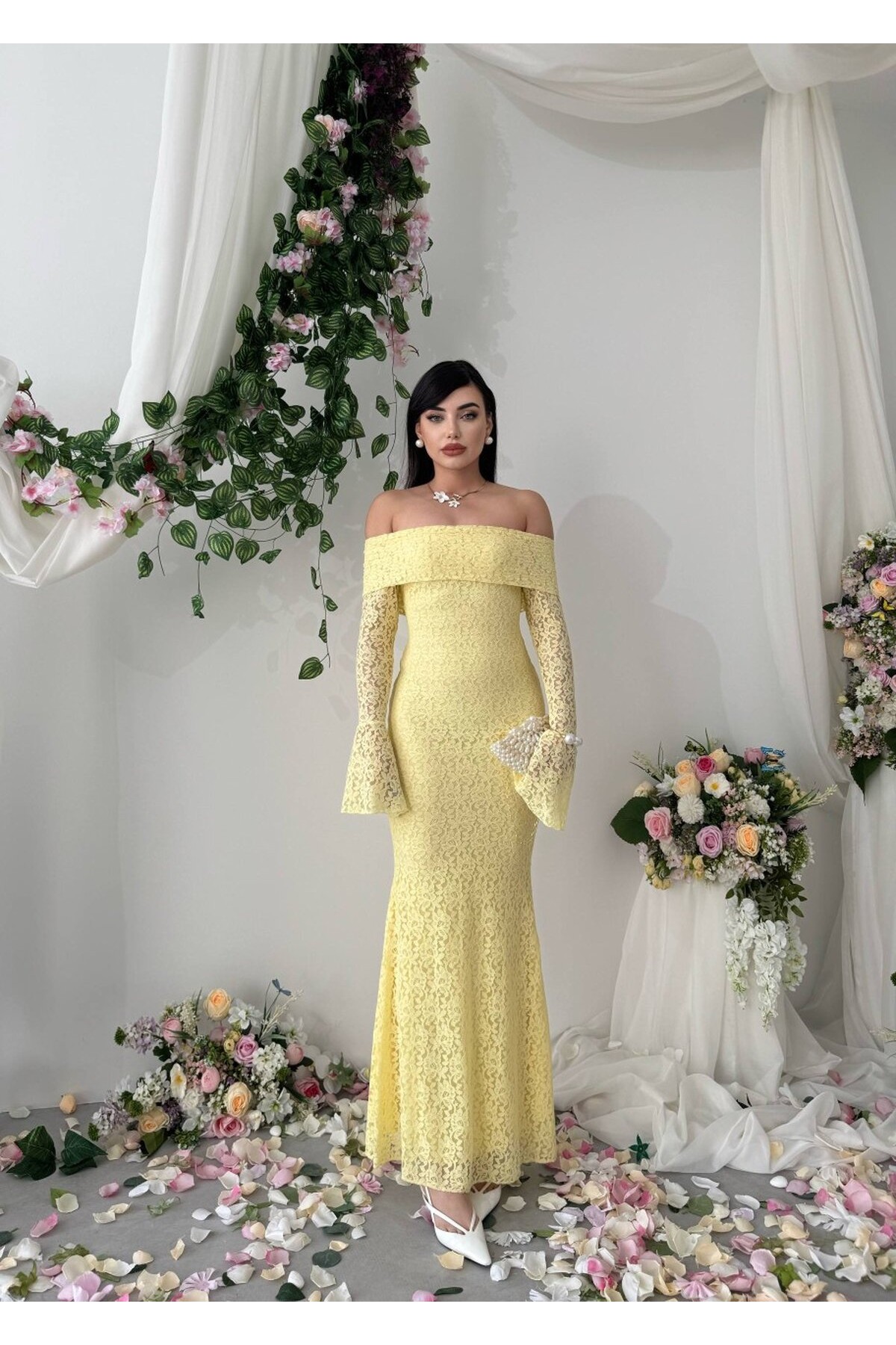 Arya Straplez Dantel Elbise ETK-00523-sari