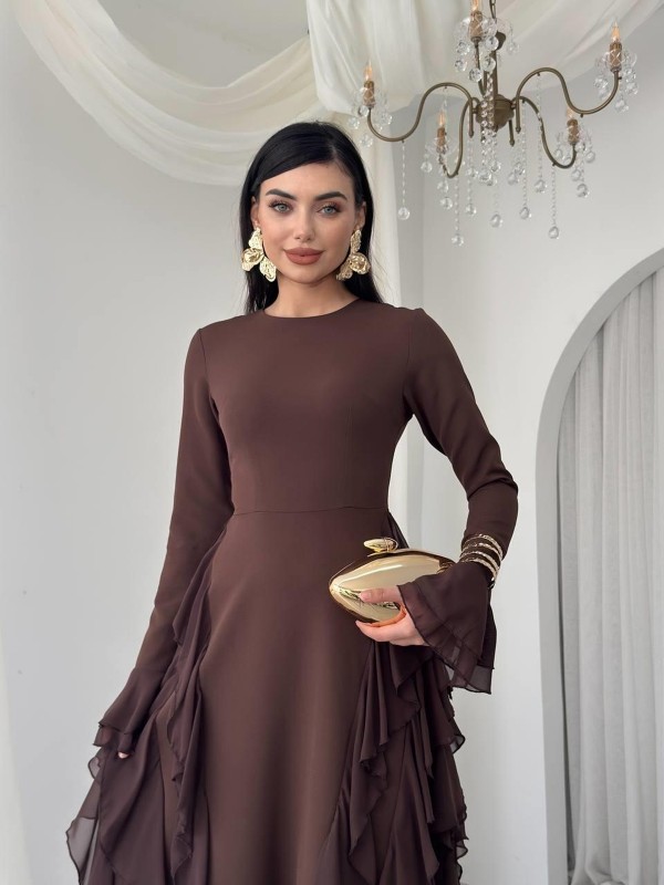 Rel Fırfır Detay Elbise ETK-00557-kahve