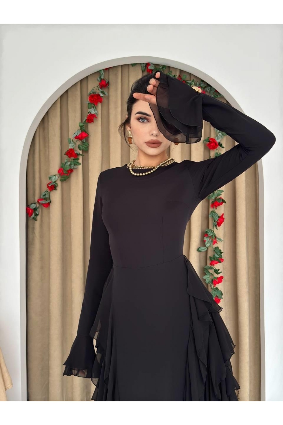 Rel Fırfır Detay Elbise ETK-00557-siyah