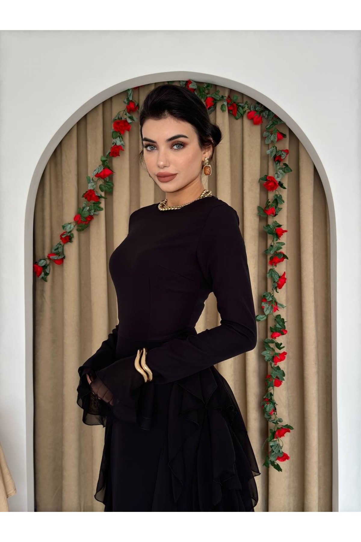 Rel Fırfır Detay Elbise ETK-00557-siyah