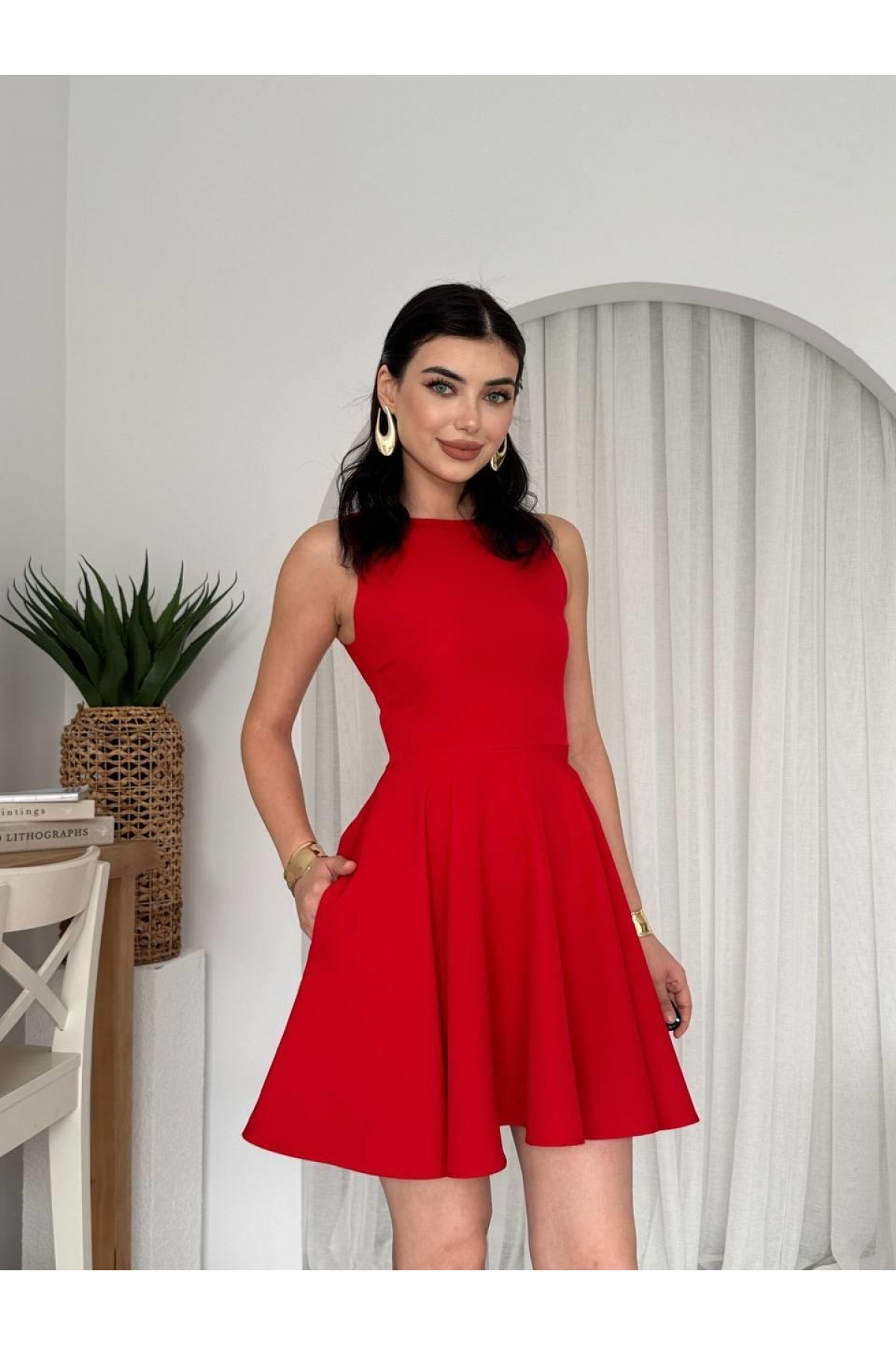 Berl Cep Detaylı Elbise ETK-00585-kirmizi