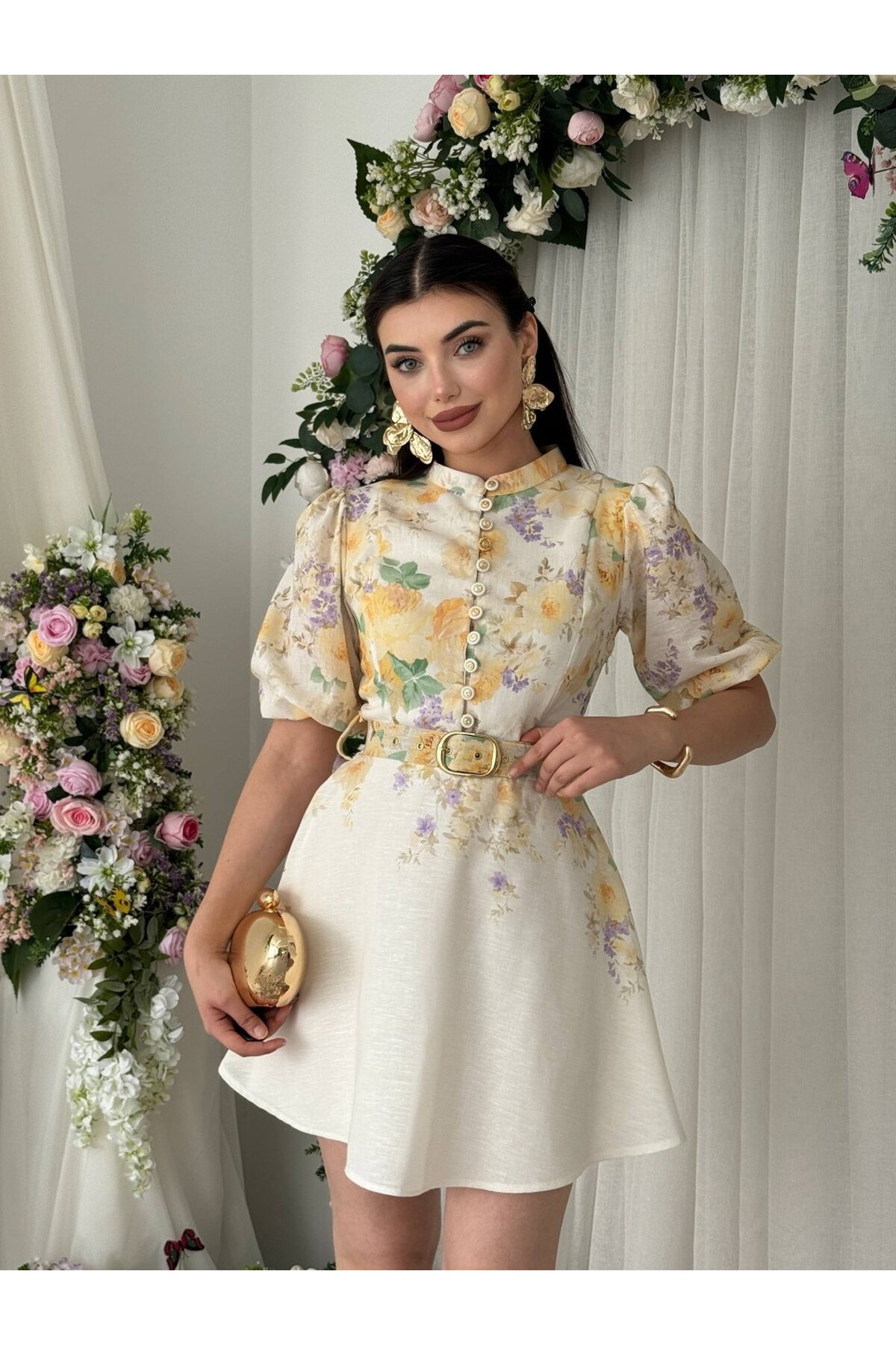 Pana Kemer Detaylı Elbise ETK-00649-cicek-d-sari