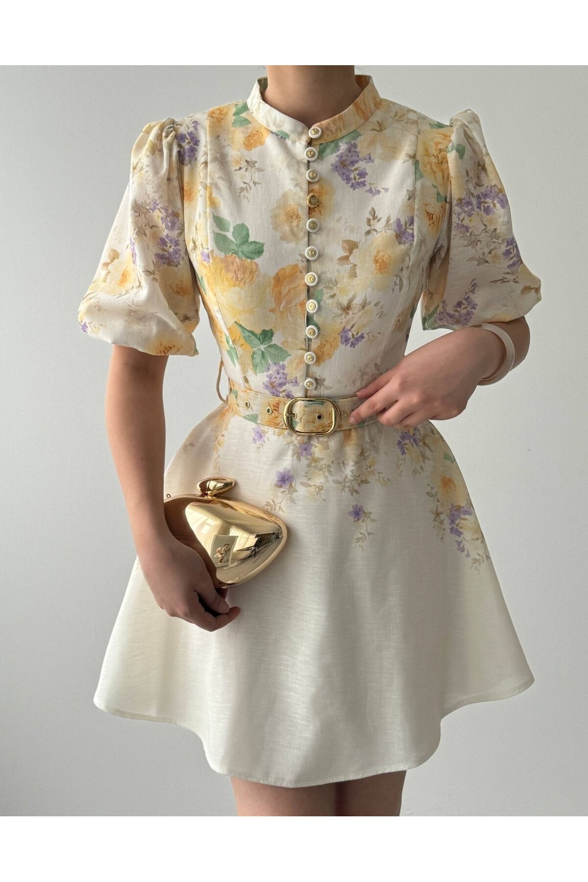 Pana Kemer Detaylı Elbise ETK-00649-cicek-d-sari