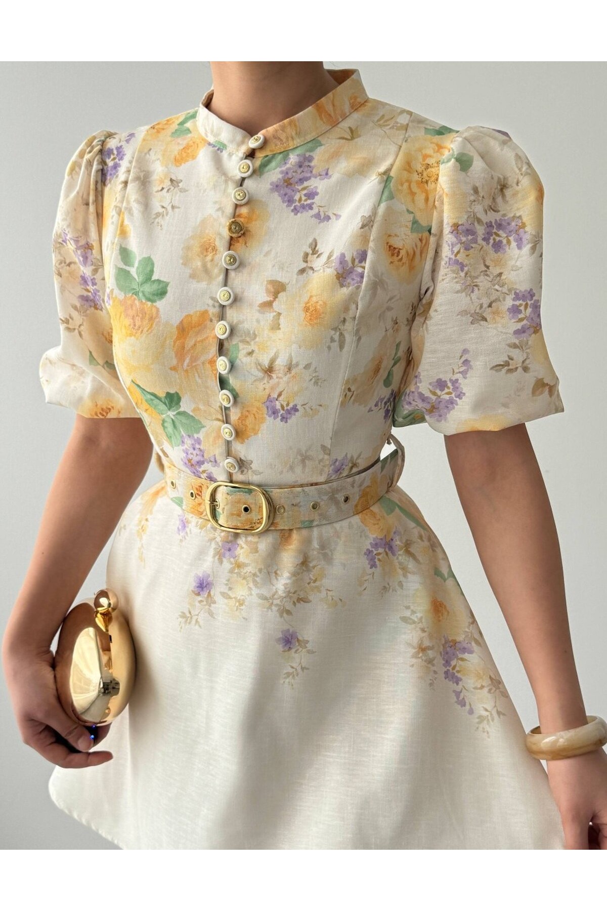 Pana Kemer Detaylı Elbise ETK-00649-cicek-d-sari