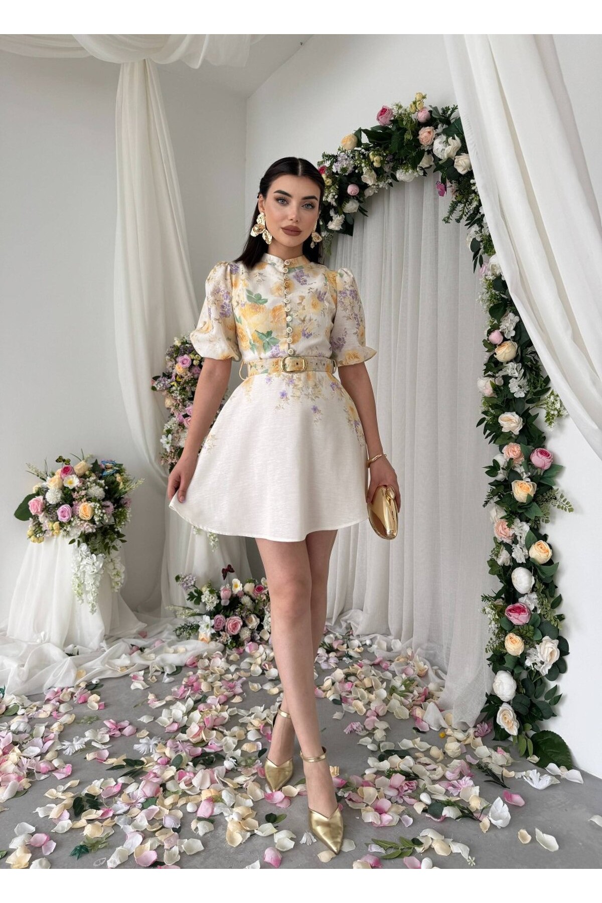 Pana Kemer Detaylı Elbise ETK-00649-cicek-d-sari