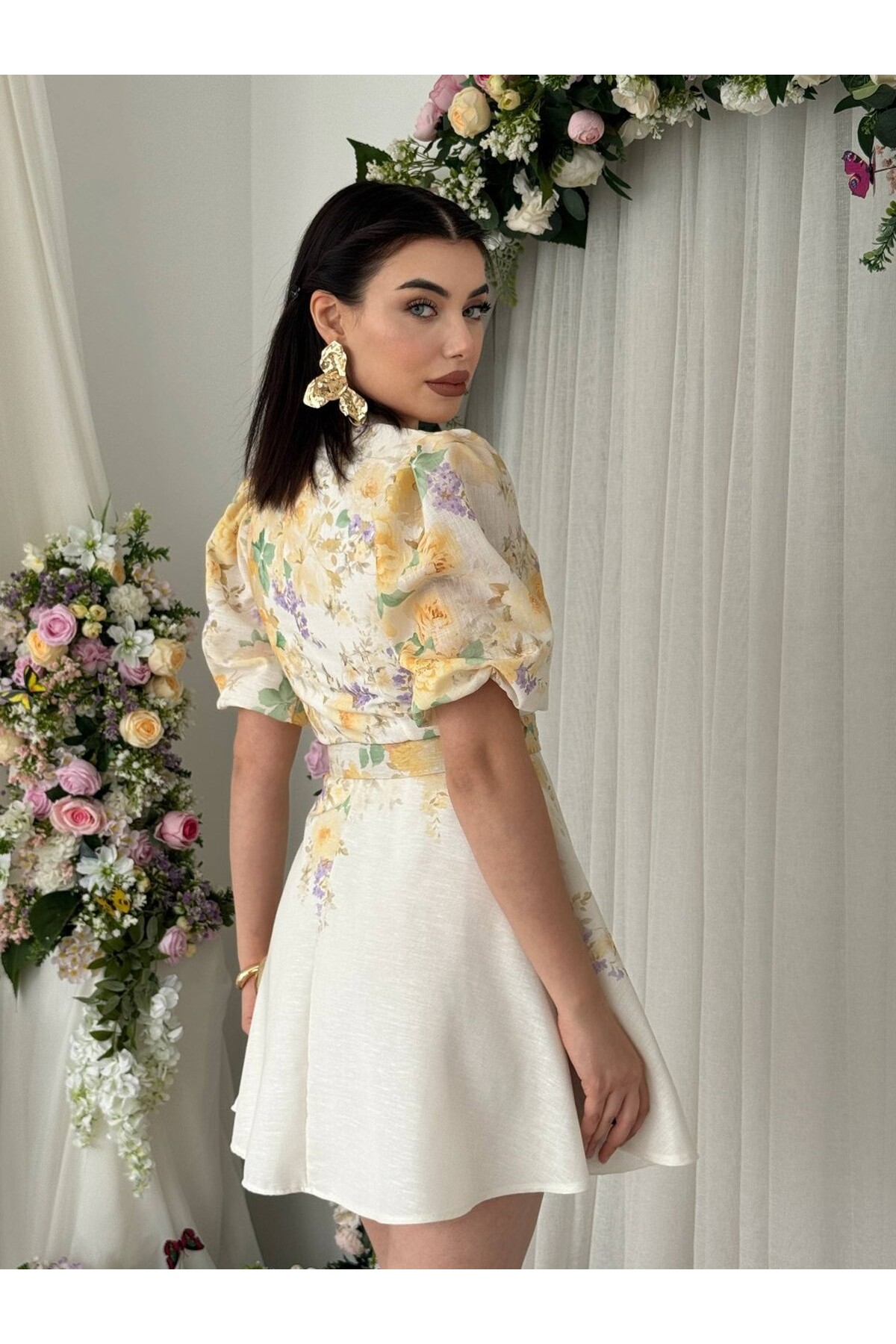 Pana Kemer Detaylı Elbise ETK-00649-cicek-d-sari