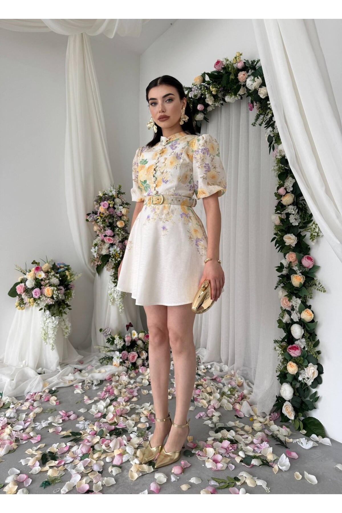 Pana Kemer Detaylı Elbise ETK-00649-cicek-d-sari