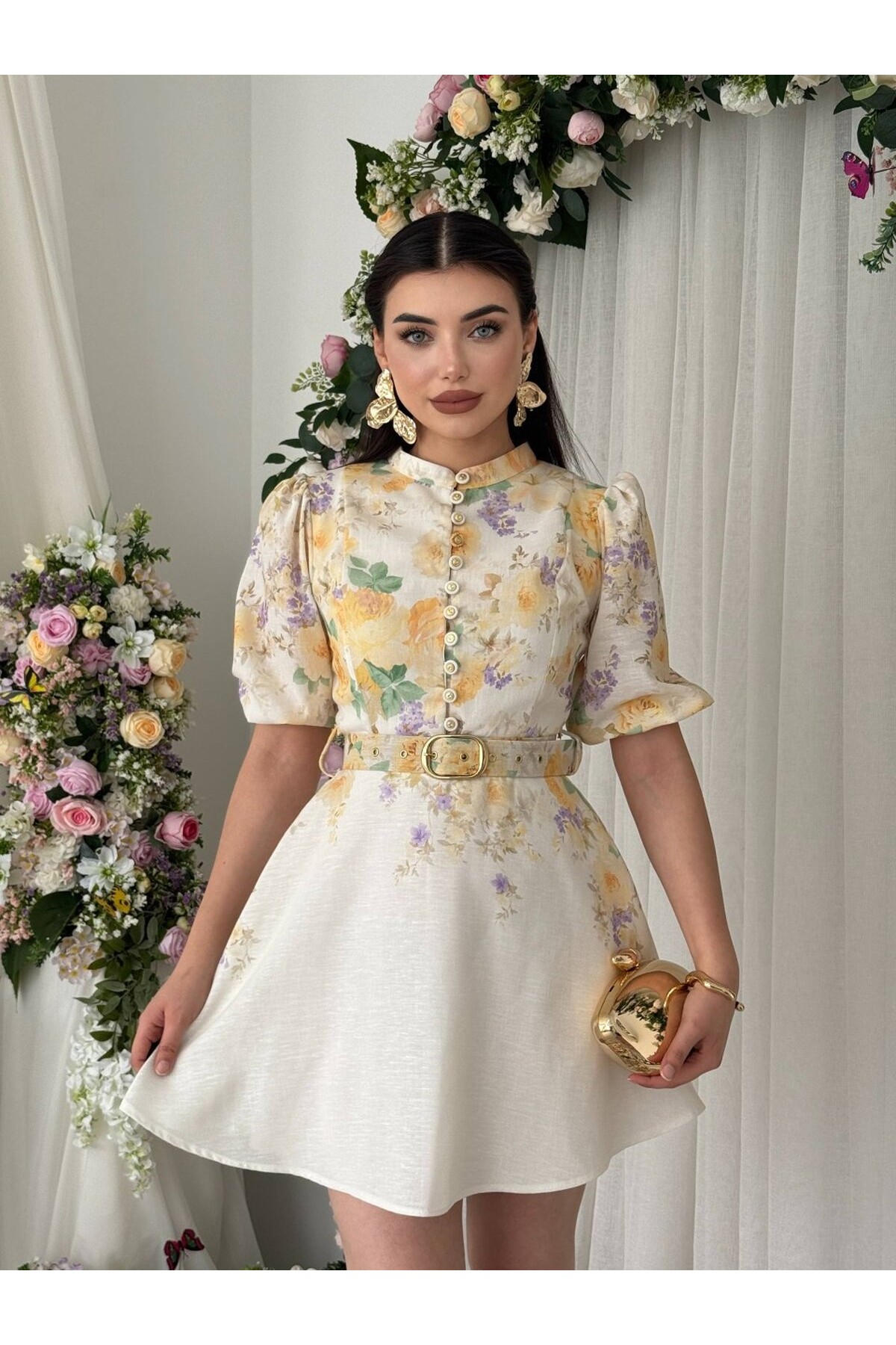 Pana Kemer Detaylı Elbise ETK-00649-cicek-d-sari
