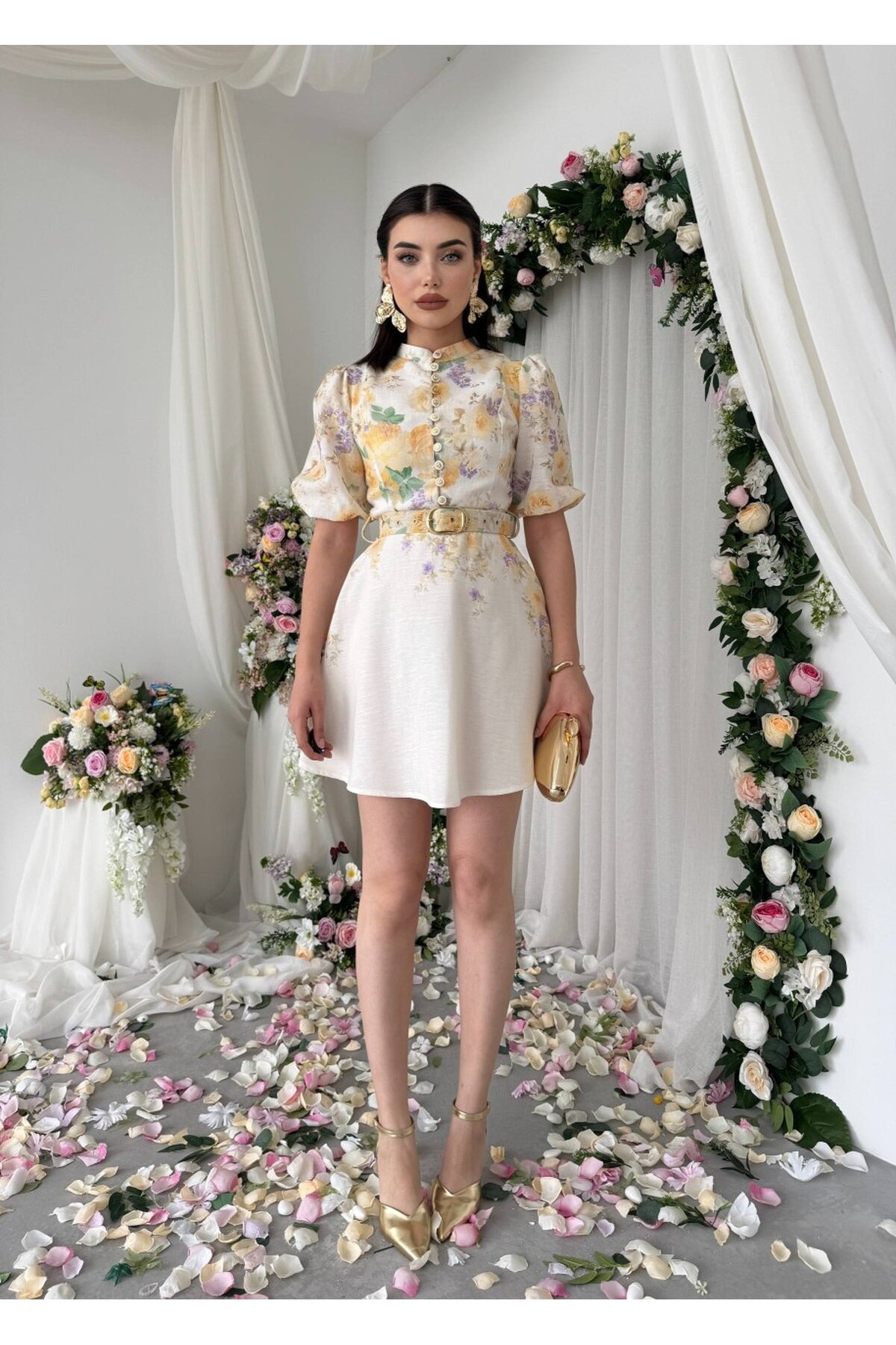 Pana Kemer Detaylı Elbise ETK-00649-cicek-d-sari