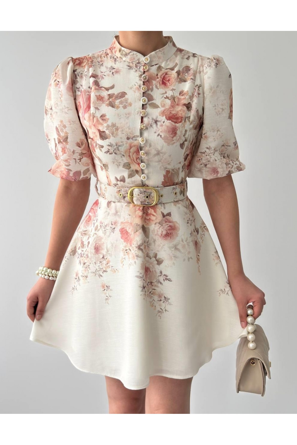 PANA KEMERLİ ELBİSE ETK-00649-cicek-desen