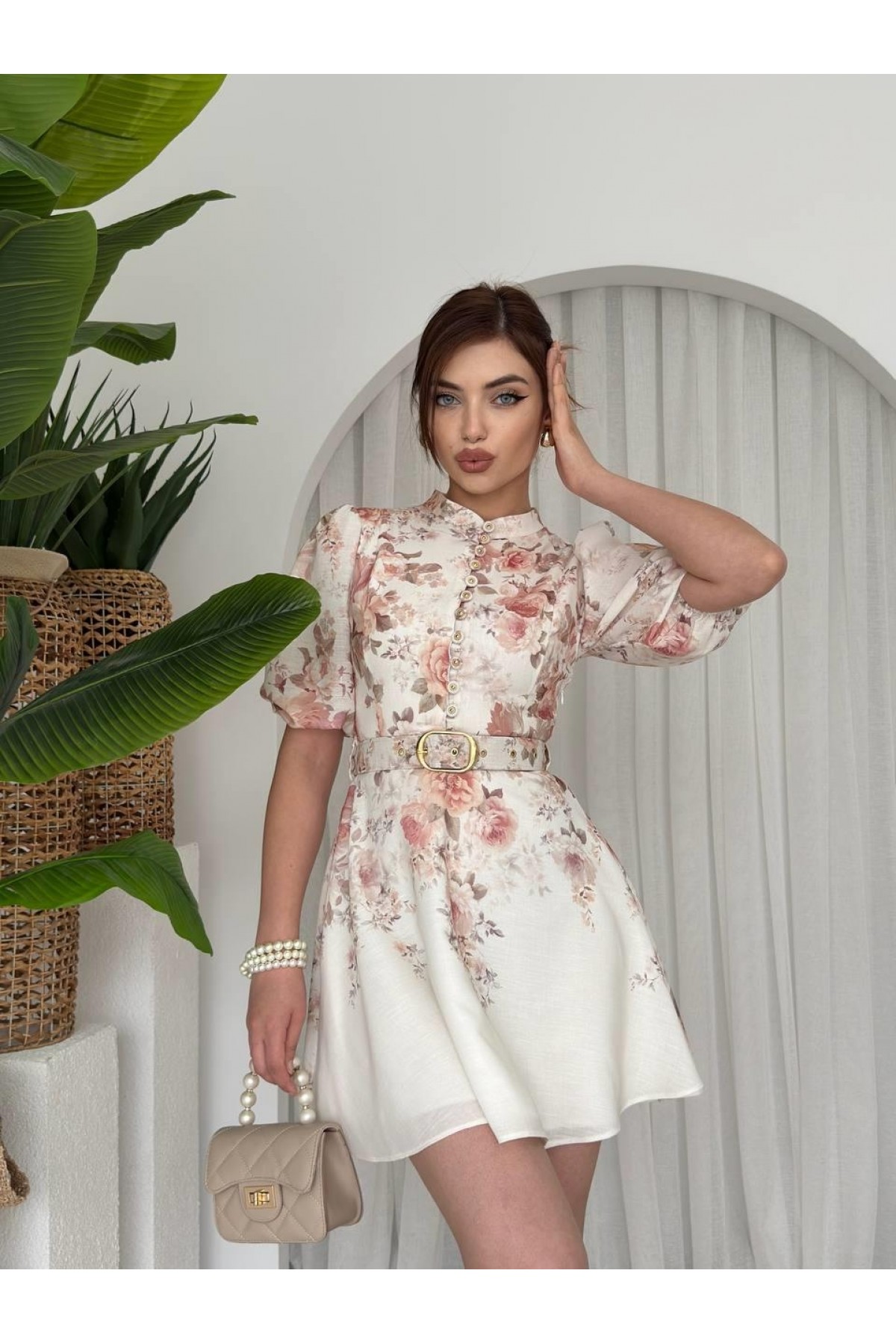 PANA KEMERLİ ELBİSE ETK-00649-cicek-desen
